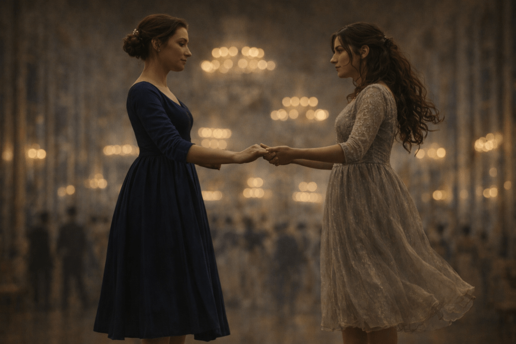 A horizontal, photorealistic, cinematic still.

Inside the Hall of Mirrors during the royal ball, Princess Aveline Beaumont and Cinder Dubois are captured mid-ascent — cropped from mid-thigh upward, with no feet or floor visible.

The image refuses to confirm how high they are.

What matters is what has stopped holding them down.

They are still holding hands.
Not gripping.
Not clinging.
Simply connected.

Aveline stands slightly higher in the frame — not centered, not balanced.
Her posture has softened.
Her shoulders no longer brace.
Her breath appears released.

Cinder rises with her, lower in the composition.
Her body remains grounded even as it lifts.
Her movement lags half a beat behind Aveline’s.

The difference is subtle.
Intentional.
Unresolved.

Both women wear their established ball attire, unchanged.

The Hall of Mirrors continues around them:
chandeliers glow
courtiers blur and pass
reflections fracture without clarifying

No one notices.

Lighting remains identical to the surrounding scene.
No new light source.
No glow.
No emphasis.

The lift is felt only through:
• drifting hems
• unanchored posture
• sustained hand contact
• the absence of strain

Camera:
Medium-close framing
40–50mm lens equivalent
Eye-level
Shallow-to-moderate depth of field

Narrative tone:
Photorealistic.
Observational.
Unstaged.

Faith, without proof.