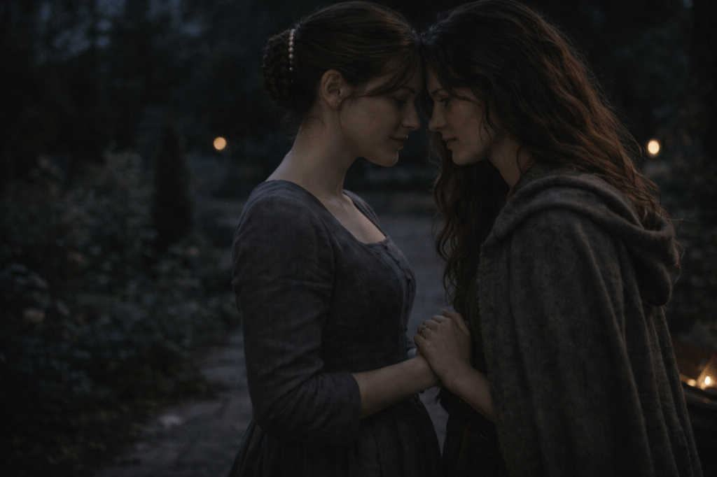 LUMIVORE-LOCKED PRODUCTION PROMPT
FINAL IMAGE — New Beginnings
(Shared Presence, Not Promise)

FUNCTION (LOCKED)

Closes the narrative without declaring resolution.
Affirms mutual choosing without destiny framing.
Holds intimacy as presence, not outcome.
Positions the land as witness, not reward.
Allows tenderness without undoing restraint.

This image does not promise the future.
It shows the moment where standing beside someone becomes enough.

CORE IMAGE

A horizontal, photorealistic, cinematic still.

In the palace gardens at night, beneath moonlight.

The world has not been remade.
The kingdom is not healed.
But two people are choosing where to stand.

SUBJECTS — AVELINE & CINDER (LOCKED)
Princess Aveline Beaumont

A young French royal woman in her mid-to-late 20s with a refined, thoughtful face.

Her chestnut-brown hair remains arranged in a formal braided chignon, secured with a pearl comb.
No loosened tendrils.
No dramatic unraveling.

She wears restrained late-17th-century French court attire:

• structured bodice
• long fitted sleeves
• controlled skirt
• muted slate, charcoal blue, or deep neutral tone
• matte or low-sheen fabric

No crown.
No ceremonial regalia.

Her posture is upright but eased — authority still present, tension reduced.

Her expression is calm, open, attentive.

She is not performing softness.
She is allowing proximity.

Cinder Dubois

A young French woman in her mid-to-late 20s with pale olive skin, expressive dark eyes, and long brown hair worn loose and unstyled.

Her hair falls naturally around her shoulders.

She wears her original earth-toned wool dress:

• plain
• practical
• lived-in
• faintly marked from travel and ash

She may wear Esmée’s cloak draped naturally around her shoulders — heavy, weathered, unceremonial.

She is grounded, steady, present.

RELATIONSHIP & CONTACT (CRITICAL LOCK)

Aveline and Cinder stand close, but not posed.

They are not kissing.

Choose one of the following moments only:

• foreheads nearly touching
• eyes locked at close distance
• lips just parted after a kiss
• lips close but not yet meeting

Their hands are joined once:

• fingers resting together
• contact gentle, imperfect
• no gripping
• no symmetry

This is connection — not climax.

THE LAND & GARDEN (LOCKED)

The palace gardens are visible around them:

• moonlit stone paths
• rose bushes or garden foliage
• the oldest tree nearby
• a newly planted sapling visible in the background

The sapling is:

• alive
• still
• not emphasized
• not glowing

It does not respond.
It simply exists.

The land witnesses.
It does not celebrate.

TIME & LIGHT (LOCKED)

Night.

Lighting characteristics:

• moonlight mixed with subtle garden lantern glow
• natural, restrained
• soft contrast
• no directional spotlight

A slight warmth is permitted — but only as shared atmosphere, never as magic.

If the grimoire is present:

• dim
• warm
• inert
• resting between or near them
• no glow spill
• no aura

Light reveals faces, fabric, breath — not destiny.

CAMERA & LENS (LOCKED)

Horizontal framing.

Medium-close composition (mid-torso up).

40–50mm lens equivalent.

Eye-level perspective.

The camera observes.
It does not elevate.

Moderate depth of field:

• both women sharp
• garden readable
• background softly receding

COLOR & GRADE (LOCKED)

Natural nocturnal palette:

• cool blues
• muted greens
• stone neutrals
• restrained warmth where skin meets skin

No bloom.
No saturation push.
No romantic grading.

Subtle film grain only.

Nothing aestheticizes the future.

NARRATIVE READ

Photorealistic.
Observational.
Unstaged.

This is not victory.
This is not certainty.

This is choosing to remain —
together —
without asking the world to promise anything back.

❌ NEGATIVE PROMPT / REFUSAL TAIL (CRITICAL)

no destiny framing
no glowing sapling
no magical light
no heroic posture
no kiss as spectacle
no symmetry
no romantic excess
no fantasy symbolism
no “happily ever after”
no illustration