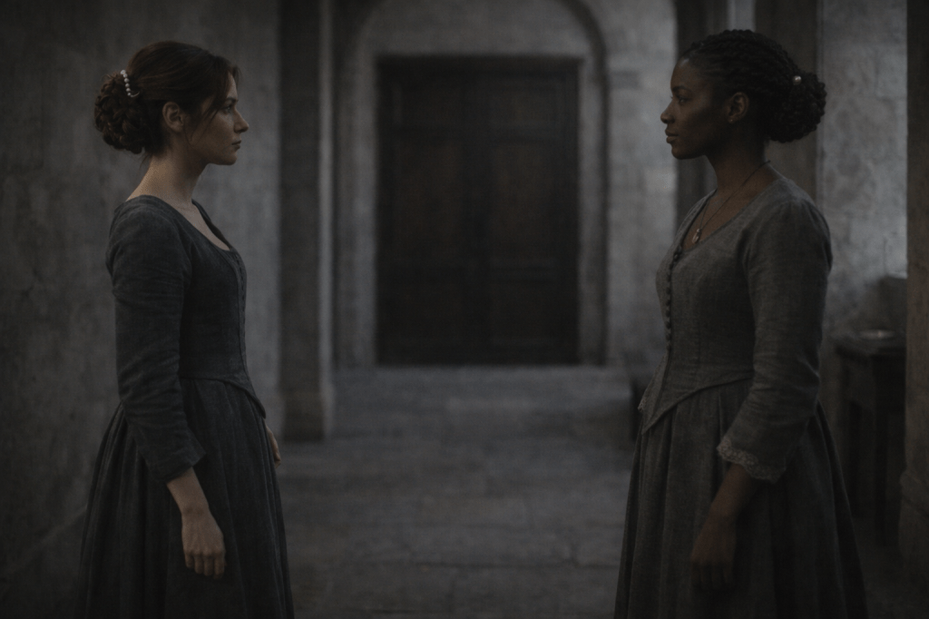 LUMIVORE-LOCKED PRODUCTION PROMPT
PART III — IMAGE B
A Court in Disarray

(Power Before Impact)

CORE IMAGE

A horizontal, photorealistic, cinematic still.

Inside a palace corridor or antechamber adjacent to the council chamber — not the council room itself.

This is the moment before entry.
Or just after the summons has been delivered.

Nothing has happened yet.
Everything is about to.

SUBJECTS — AVELINE & CLAUDINE (LOCKED)
Princess Aveline Beaumont

A young French royal woman in her mid-to-late 20s with a refined, thoughtful face.

Her chestnut-brown hair is styled in a precise braided chignon, secured with a pearl comb. A few tendrils remain controlled — not loosened, not expressive.

She wears restrained late-17th-century French court attire:

structured bodice

long fitted sleeves

controlled skirt

muted slate, charcoal blue, or deep neutral tone

matte or low-sheen fabric

No crown.
No ceremonial regalia.
This is governance attire, not display.

Her posture is upright and still.
Hands relaxed at her sides or lightly folded — not clasped.

Her expression is composed, inward, alert.

She is preparing — not reacting.

Duchess Claudine Delisle

A poised Black woman with deep-brown skin and tightly coiled black hair styled into a neat braided chignon, secured with a single understated pearl pin.

She wears a modest, practical gown in muted gray-green or charcoal linen:

high neckline

long sleeves

minimal lace at cuffs

clean lines, no embellishment

Around her neck rests a small, weathered silver pendant — personal, not decorative.

Claudine stands near but not beside Aveline.

Her posture is grounded and deliberate.
Her stance reads as strategic presence, not protection.

Her expression is calm, unreadable, measuring.

She is already thinking several steps ahead.

RELATIONSHIP & SPACING (CRITICAL LOCK)

Both women are standing

They do not touch

There is clear physical space between them

The distance reads as professional, intentional, disciplined

They are aligned — not fused.

No intimacy.
No comfort.

Only readiness.

ENVIRONMENT — ARCHITECTURE OVER PEOPLE (LOCKED)

The corridor or antechamber is:

stone or plaster walls

tall ceilings

narrow or elongated

sparsely decorated

Heavy doors, arches, or columns nearby — suggesting what lies ahead.

The architecture dominates the frame.

The women feel smaller than the space, not diminished — contextualized.

This is an institution built to outlast individuals.

TIME & LIGHT (LOCKED)

Lighting is restrained and natural:

filtered daylight from high windows or

cool ambient interior light

No candle glow emphasis.
No spotlighting.

Light reveals texture — stone, fabric, wood — not emotion.

Shadows are present but controlled.

CAMERA & LENS (LOCKED)

Horizontal composition

Medium-wide framing (full figures or three-quarter visible)

35–40mm lens equivalent

Eye-level perspective

The camera observes.
It does not side with anyone.

Moderate depth of field:
Both women sharp, background architecture readable but softened.

COLOR & GRADE (LOCKED)

Cool-neutral palette

Muted tones

Restrained contrast

Subtle filmic grain

No warmth added for sentiment.
No color designed to soften authority.

NARRATIVE READ

Photorealistic.
Observational.
Unstaged.

Power is not spoken yet —
but it is already rearranging the room.

❌ NEGATIVE PROMPT / REFUSAL TAIL (CRITICAL)

no throne room
no council table
no gestures
no touching
no intimacy framing
no heroic posture
no dramatic lighting
no symbolic props
no spectacle
no illustration