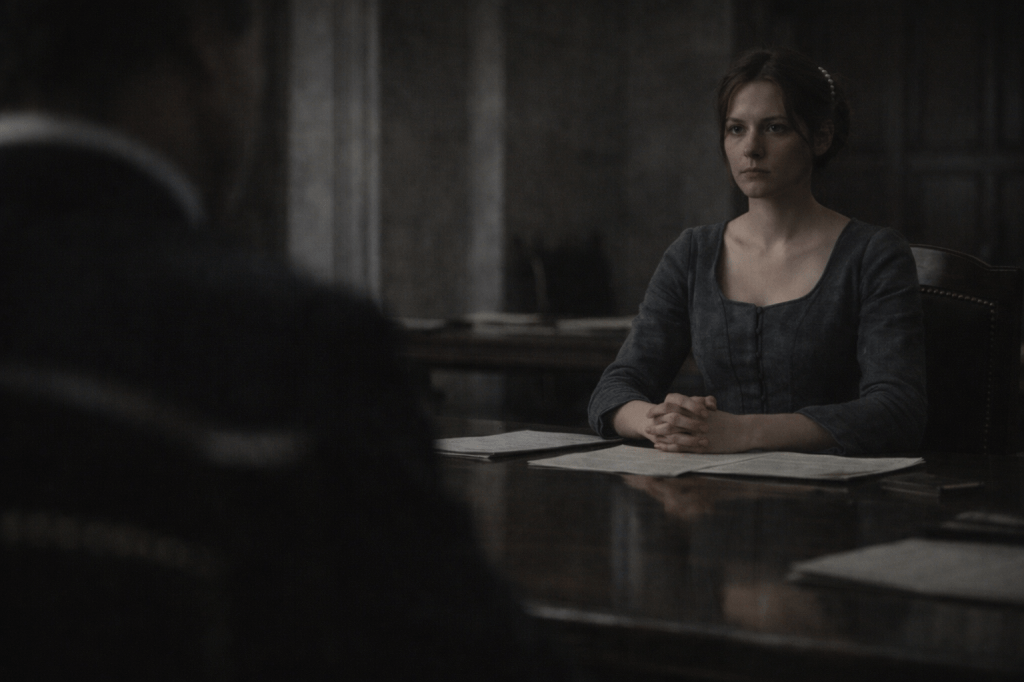 LUMIVORE-LOCKED PRODUCTION PROMPT
PART III — IMAGE C
The Council

(Power Through Stillness)

FUNCTION (LOCKED)

Centers Aveline’s restraint as power.
Depicts politics as procedural, quiet, and dangerous.
Avoids villain spectacle or emotional escalation.
Shows authority as withheld motion, not command.

CORE IMAGE

A horizontal, photorealistic, cinematic still.

Inside the council chamber during a formal session.

This is mid-exchange, not the beginning and not the end.

Words have already landed.
Nothing has resolved.

SUBJECT — PRINCESS AVELINE BEAUMONT (LOCKED)

Princess Aveline Beaumont is seated at the council table.

She is a young French royal woman in her mid-to-late 20s with a refined, thoughtful face.

Her chestnut-brown hair is styled in a precise braided chignon, secured with a pearl comb. No loosened tendrils. No expressive disorder.

She wears restrained late-17th-century French court governance attire:

• structured bodice
• long fitted sleeves
• controlled skirt
• muted slate, charcoal blue, or deep neutral tone
• matte or low-sheen fabric

No crown.
No ceremonial regalia.
No symbolic ornament.

Her posture is upright, composed, unyielding.

Her hands are folded calmly on the table in front of her:

• not clenched
• not gripping
• not expressive

This is deliberate containment.

Her expression is neutral, focused, inwardly alert.

She is listening — and choosing what not to give.

THIBAULT — PRESENCE WITHOUT CENTER (CRITICAL LOCK)

Lord Thibault is not fully visible.

He may appear only as one of the following (choose one, not multiple):

• a partial shoulder at the edge of the frame
• a blurred silhouette beyond the table
• a distorted reflection in polished wood, lacquer, or glass

He must not be the focal plane.

His face is either:

• out of frame
• unreadable
• fragmented by reflection

No clear expression.
No dominant posture.

He exists as pressure, not personality.

RELATIONSHIP & POWER DYNAMICS (LOCKED)

• Aveline is centered or near-center
• Thibault is marginal, implied, incomplete
• No one gestures
• No one leans forward dramatically
• No raised voices implied

Power is conveyed through stillness holding the floor.

ENVIRONMENT — THE COUNCIL CHAMBER (LOCKED)

The chamber is formal, heavy, and institutional:

• long wooden council table
• parchment, documents, or ledgers present but undisturbed
• stone walls or paneled wood
• tall ceiling

The room feels designed to outlast everyone in it.

The table is prominent — broad, polished, slightly reflective.

Architecture and furniture carry as much visual weight as people.

TIME & LIGHT (LOCKED)

Lighting is restrained and neutral:

• ambient daylight filtered through high windows

No candle dramatization.
No spotlighting.

Light reveals texture — wood grain, fabric, stone — not emotion.

Shadows exist, but they are controlled and procedural.

CAMERA & LENS (LOCKED)

Horizontal framing.

Medium-close to medium-wide composition:

• Aveline from waist up or seated three-quarter
• Thibault only partially present

35–50mm lens equivalent.

Eye-level perspective.

The camera observes.
It does not ally itself.

Moderate depth of field:

• Aveline sharp
• Thibault softened or fragmented
• background readable but secondary

COLOR & GRADE (LOCKED)

• Color temperature must not instruct emotion.
• Restrained contrast
• No warmth added for sympathy
• No color grading to dramatize conflict

Subtle filmic grain only.

Nothing aestheticizes the moment.

NARRATIVE READ

Photorealistic.
Observational.
Unstaged.

Power is not declared.
It is withheld.

This is the moment where words are weighed —
and restraint becomes a weapon.

❌ NEGATIVE PROMPT / REFUSAL TAIL (CRITICAL)

no raised voices
no gesturing
no shouting posture
no villain framing
no expressive anger
no dramatic lighting
no spectacle
no symbolic props
no theatrical dominance
no illustration