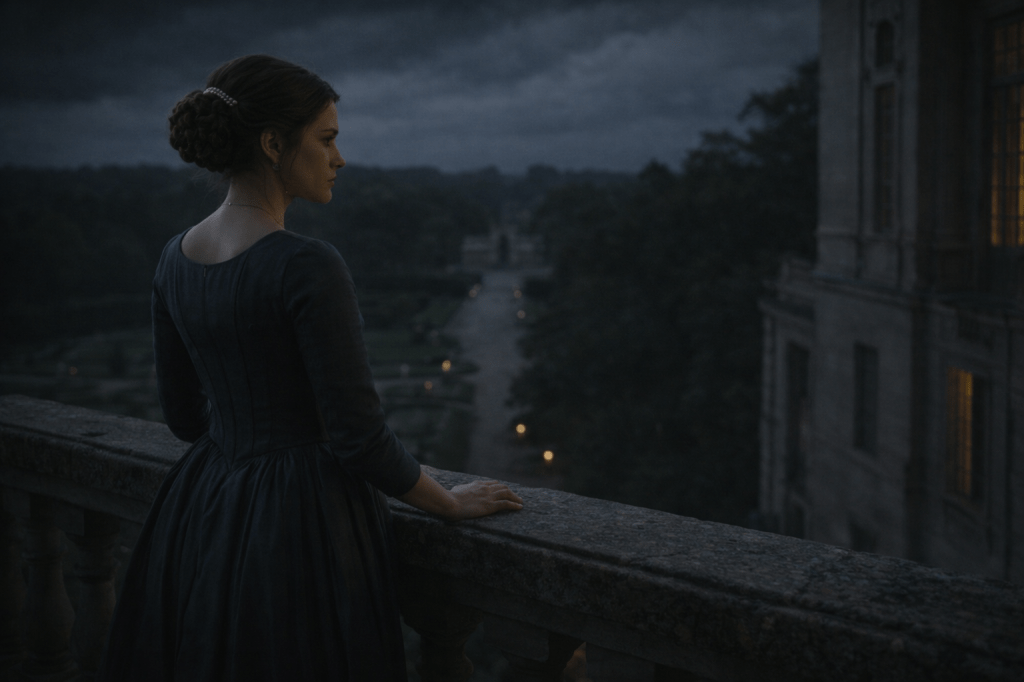 A horizontal, photorealistic, cinematic still.

Princess Aveline Beaumont stands alone on a stone balcony outside her palace chambers at night, overlooking the formal gardens below. The air feels heavy with impending weather—clouds gathering, the faint suggestion of rain not yet fallen.

Aveline is a young French royal woman in her mid-to-late 20s with a refined, thoughtful face. Her chestnut-brown hair is styled into a precise braided chignon, secured with a pearl comb, a few soft tendrils loosened slightly by the night air. She wears restrained late-17th-century French court attire in a deep slate or midnight blue tone: structured bodice, long fitted sleeves, and a controlled skirt. The fabric is matte, weighty, and formal.
No crown. No insignia.

She rests both hands lightly on the stone balustrade—not gripping, not collapsing. Her posture is upright but tense, as though holding a decision inside her body. Her gaze is directed outward toward the gardens and distant palace gates, not inward, not toward the camera.

The palace behind her is dim and quiet, barely visible—tall doors in shadow, warm interior light kept distant and restrained. Below, lanterns dot the gardens faintly, suggesting preparations underway without showing people directly.

Lighting is natural and controlled: cool night air with soft ambient illumination, subtle highlights along her face and sleeves. No sparkle. No drama. The mood is contained pressure, not melancholy.

Shot wide-medium with a 35–40mm lens equivalent, eye level or slightly behind Aveline’s shoulder, allowing space around her rather than centering her. Moderate depth of field—Aveline in clear focus, gardens readable but softened.
Natural color, cool-neutral palette, restrained contrast, subtle filmic grain.

Photorealistic, observational, unstaged — anticipation without escape.