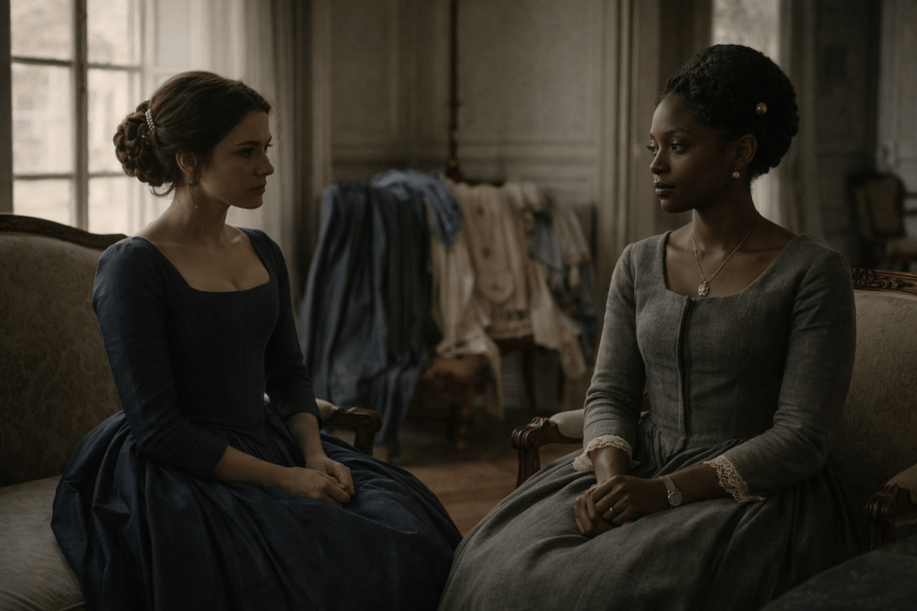 The Weight of Appearances
Being Seen Without Freedom

A horizontal, photorealistic, cinematic still.

Princess Aveline Beaumont and Duchess Claudine Delisle share a quiet moment inside Aveline’s private sitting room.

Aveline is a young French royal woman in her mid-to-late 20s with a refined, thoughtful face. Her chestnut-brown hair is styled in a precise braided chignon secured with a pearl comb, a few soft tendrils framing her face. She wears restrained late-17th-century French court attire: a structured bodice, long fitted sleeves, and a full but controlled skirt in muted slate or deep blue. The garment is matte and weighty, formal and constraining. No crown. No insignia.

Claudine Delisle stands or sits nearby, close enough to register as presence but not comfort. She is a poised Black woman with deep-brown skin and tightly coiled black hair styled into a neat braided chignon, adorned with a single pearl hairpin. She wears a modest, practical gown of muted gray-green linen appropriate to her station—high neckline, long sleeves, cuffs trimmed with fine ivory lace. Around her neck rests a small, weathered silver pendant, understated and personal.

Claudine’s expression is serene and unreadable, almond-shaped dark eyes attentive and steady. Her posture is grounded and graceful, embodying quiet authority and duty. Aveline appears inward and constrained, her posture composed but tense, as though holding herself together under expectation.

The room is elegant but restrained: tall windows, pale walls, simple furnishings. Unworn gowns rest nearby, folded or draped, present but untouched. Late-afternoon light filters through the windows, warm but controlled, casting natural shadows without dramatization.

Shot at eye level with a 40–50mm lens equivalent, medium framing, moderate depth of field. Natural color, earthy-neutral palette, restrained contrast, subtle filmic grade.

Photorealistic, observational, unstaged — recognition under pressure, not relief.

Negative prompt:
no romance framing, no dramatic gestures, no spectacle, no theatrical lighting, no fantasy styling, no illustration