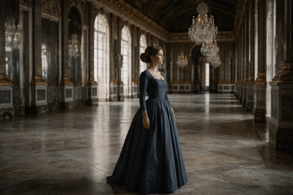 A horizontal, photorealistic, cinematic still.

Princess Aveline Beaumont stands alone in the empty Hall of Mirrors of the royal palace. She is a young French royal woman in her mid-to-late 20s with a refined, thoughtful face. Her chestnut-brown hair is styled into a precise braided chignon, secured with a pearl comb at the back, a few soft tendrils framing her face.

She wears restrained late-17th-century French court attire: a structured bodice, long fitted sleeves, and a full but controlled skirt in a muted slate or midnight blue tone. The fabric is matte and weighty, elegant but severe, with no visible ornamentation beyond subtle craftsmanship. No crown, no overt royal insignia.

The Hall of Mirrors surrounds her in quiet grandeur—polished Carrara marble floors, gilded filigree, tall mirrored walls, and silent crystal chandeliers. The space is empty, immaculate, and imposing. Aveline appears small within the architecture, her posture composed and upright, her expression inward and contained, as though rehearsing endurance rather than command.

Soft ambient daylight filters into the hall, cool and even, with muted reflections along the marble and glass. Nothing sparkles. Nothing draws attention away from the stillness.

Shot wide with a 35mm lens equivalent, slightly above eye level, allowing the scale of the room to dominate the frame. Deep enough depth of field to read the architecture clearly. Natural color, restrained contrast, subtle filmic grade.

Photorealistic, observational, unstaged — splendor as confinement.

Negative prompt:
no crown, no attendants, no crowd, no theatrical lighting, no dramatic posing, no fantasy styling, no spectacle, no illustration