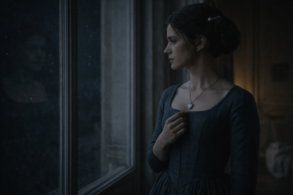 The Locket at the Window

Quiet Alignment

A horizontal, photorealistic, cinematic still.

Princess Aveline Beaumont stands alone at a tall palace window at night, partially turned toward the glass. Beyond the window, the night sky is dark and still; faint stars are visible, reflected softly in the glass.

Aveline is a young French royal woman in her mid-to-late 20s with a refined, thoughtful face. Her chestnut-brown hair is styled in a precise braided chignon, secured with a pearl comb, a few loose tendrils framing her face. She wears restrained late-17th-century French court attire in a muted, dark blue or slate tone—structured bodice, long fitted sleeves, controlled skirt. No crown. No insignia.

A simple heart-shaped metal locket rests at her collarbone, newly worn. It is understated, unadorned, and deliberate—neither jeweled nor ornate. One hand lightly touches the locket, not possessive, just confirming its presence.

Her expression is calm but searching, inward rather than emotional. She is not smiling. She is not distressed. She appears closer to herself than before.

The room around her is quiet and restrained: pale walls, minimal furnishings, shadows gathered at the edges. The light is soft and low—cool moonlight from the window mixed with faint ambient interior light—creating gentle contrast without drama.

Shot at chest height with a 50mm lens equivalent, medium-close framing. Shallow to moderate depth of field; the reflection in the glass is visible but indistinct. Natural color, cool-neutral palette with subtle warmth on skin tones. Subtle filmic grain, restrained contrast.

Photorealistic, observational, unstaged — recognition without explanation.

Negative prompt:
no magic glow, no fantasy lighting, no overt emotion, no dramatic gesture, no symbolism exaggeration, no illustration