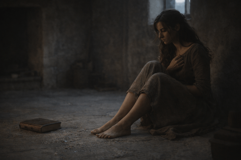 A horizontal, photorealistic, cinematic still.

At dawn, just after midnight has passed, Cinder Dubois sits alone on the stone floor of her small, modest room. The spell has broken.

She is barefoot.

Her feet rest flat against cold stone, slightly reddened, marked with faint dust and ash. The soles are imperfect, human, grounded — no grace implied.

Cinder is a young French woman in her mid-to-late 20s with pale olive skin, expressive dark eyes, and long brown hair fallen loose and unstyled. Her hair is slightly tangled from the night, no longer held by magic or intention.

She wears her original, worn earth-toned wool dress again — plain, practical, lived-in. The fabric is creased, faintly smudged with ash and dirt. No trace of finery remains on her body.

Nearby on the floor:

• a leather-bound grimoire, closed
• faint remnants of ash
• one discarded glass slipper fragment or soft impression in dust (optional, subtle, not central)

Cinder’s posture is inward but steady. She is seated with knees bent or legs folded loosely, one hand resting against the floor, the other near her chest or lap.

Her breathing is visible in her shoulders and chest.

She is not collapsed.
She is not triumphant.
She is here.

Light & Time

Early dawn light enters through a small window:

• cool, pale, directional
• soft enough to reveal texture without warmth
• catching dust motes in the air

No candlelight remains.
No glow.
No magic.

The night has ended.

Environment

The room is quiet and spare:

• rough stone or plaster walls
• a cold hearth
• simple wooden objects

Nothing is arranged.
Nothing performs.

Camera & Lens

• Medium-close framing (waist to floor visible)
• 40–50mm lens equivalent
• Eye-level or slightly above, observational
• Shallow-to-moderate depth of field

The body is the anchor.

Color & Grade

• Cool-neutral dawn palette
• Restrained contrast

No bloom.
No softness added.

Narrative Tone

Photorealistic.
Observational.
Unstaged.

What remains is breath.
What remains is weight.
What remains is choice.