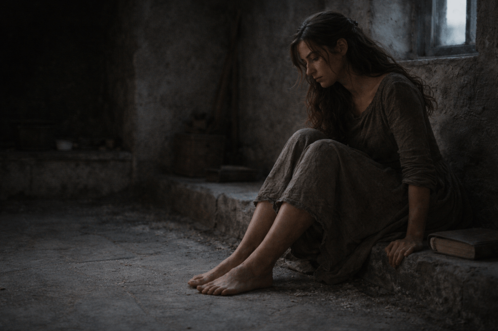 LUMIVORE-LOCKED PRODUCTION PROMPT
PART III — IMAGE A
The Morning After (Ground Zero)

Function:
Reasserts gravity, class, and consequence.
Resets tone after Part II.
Prevents romantic carryover.

CORE IMAGE

A horizontal, photorealistic, cinematic still.

Early morning inside the servant quarters of a modest Provençal estate.

Cinder Dubois is present in her body again.

No magic remains.

SUBJECT — CINDER DUBOIS (LOCKED)

Cinder Dubois is a young French woman in her mid-to-late 20s with pale olive skin, expressive dark eyes, and long brown hair worn loose and unstyled. Her hair is slightly tangled from sleep, gravity, and work — not styled, not symbolic.

She wears her original, worn earth-toned wool dress again.
The dress is plain, practical, and lived-in.
Fabric is creased, slightly rumpled, faintly marked with ash and dust.

She is barefoot.

Her feet rest flat against the cold stone floor:

slightly reddened

faintly dusty

human, imperfect

weight fully returned

No elegance.
No performance.
No grace implied.

Her posture is upright but tired — seated on a low stool, bench, or directly on the floor near the hearth. One hand may rest against the stone for balance, the other in her lap or lightly bracing her knee.

Her shoulders are set.
Her breath is visible.
She is awake.

She is not collapsed.
She is not triumphant.
She is not romanticized.

She has continued.

ENVIRONMENT — SERVANT SPACE (LOCKED)

The room is small, spare, and utilitarian:

rough stone or plaster walls

a cold hearth with soot and ash

simple wooden furniture

no decoration

no personal objects on display

The space is unchanged by the night.

Nothing acknowledges what happened.

Optional, subtle elements nearby:

a closed leather-bound grimoire on the floor or low surface

faint ash traces near the hearth

no glowing

no emphasis

The room belongs to labor, not memory.

TIME & LIGHT (LOCKED)

Early morning light enters through a small window.

Light characteristics:

cool

pale

directional

revealing texture, not warmth

Dust motes may be visible in the air.

No candlelight remains.
No glow.
No residual magic.

Night has ended.

CAMERA & LENS (LOCKED)

Horizontal framing

Medium-close composition (waist to feet visible)

40–50mm lens equivalent

Eye-level or slightly above — observational, not sympathetic

Shallow-to-moderate depth of field

The body is the anchor.

COLOR & GRADE (LOCKED)

Cool-neutral dawn palette

Restrained contrast

No bloom

No softness added

Subtle filmic grain only

Color must not romanticize.

NARRATIVE READ

Photorealistic.
Observational.
Unstaged.

Fantasy did not erase consequence.
Magic did not change class.
What remains is breath.
What remains is weight.
What remains is choice.

❌ NEGATIVE PROMPT / REFUSAL TAIL (CRITICAL)

no glamour
no softness
no poetic lighting
no glow
no magic residue
no heroic framing
no stylized despair
no “afterglow”
no romantic suffering
no illustration