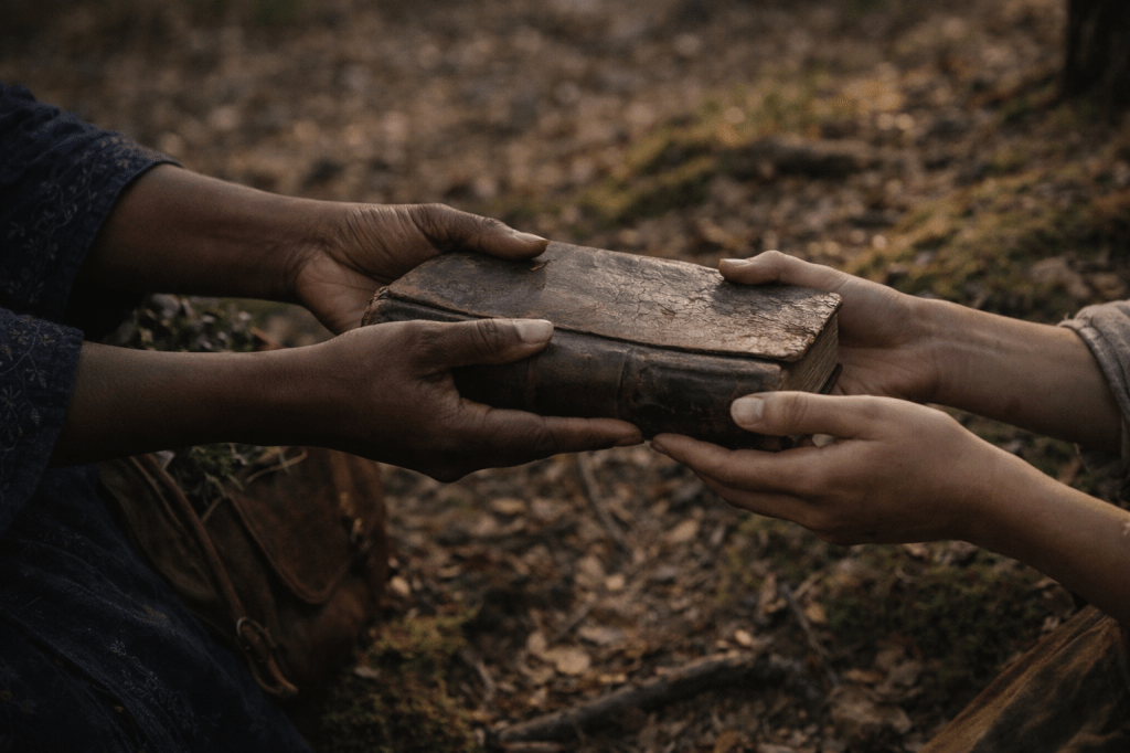 A horizontal, photorealistic, cinematic close-up.

In a quiet forest clearing at late afternoon, only hands are visible. An older Black woman’s steady hands gently offer a worn leather-bound book toward a younger woman’s hesitant hands. The book’s cover is cracked and softened with age, textured and unadorned. The younger hands show faint traces of ash or soil, fingers hovering just before taking the weight.

Hints of clothing frame the edges: a deep indigo sleeve, an earth-toned wool sleeve, and the corner of a worn leather satchel resting against moss and fallen leaves. No faces are visible.

Natural, low-angle light filters through trees, softly illuminating skin texture and leather grain, with gentle shadows falling across the forest floor. No magic is visible.

Shot at hand level with a 50mm lens equivalent, tight framing, shallow depth of field. Earthy color palette, restrained contrast, subtle filmic grade.
Photorealistic, observational, unstaged — power passing quietly.

Negative prompt:
no glowing, no spell effects, no fantasy lighting, no dramatic gestures, no illustration