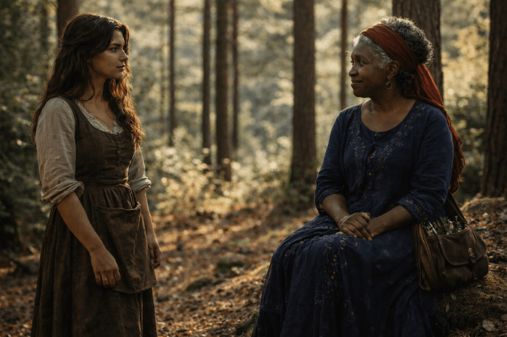 The Clearing with Esmée (Recognition Without Power)

A horizontal, photorealistic, cinematic still.

In a quiet forest clearing at the edge of a Provençal mountain valley, Cinder Dubois stands with Madame Esmée Étoile beneath tall pine trees. The clearing feels natural and unarranged, the forest floor layered with fallen leaves, moss, and roots. Late-afternoon light filters softly through the branches, warm and directional, casting gentle, realistic shadows.

Cinder is a young French woman in her mid-to-late 20s with pale olive skin, expressive dark eyes, and long wavy brown hair worn loose and natural. She wears a worn, earth-toned wool dress and a simple apron. Her posture is attentive and quietly open, listening rather than speaking—present, cautious, and grounded.

Esmée is a Black French woman in her mid-50s with warm brown skin and deep, expressive dark eyes. Her tightly coiled natural hair is streaked with soft silver, with a few curls escaping beneath a rich red scarf draped loosely around her head and shoulders. Her expression carries calm wisdom and subtle knowing—a faint, confident smile suggesting she understands more than she says.

She wears a deep indigo dress inspired by 17th-century French rural clothing, practical yet elegant, with long sleeves and a fitted bodice. The fabric is embroidered with faint vine and constellation motifs, barely visible until the light grazes them. A worn leather satchel crosses her chest and rests at her hip, partially open just enough to hint at fresh herbs and small glass vials inside, grounding her as healer, herbalist, and guardian of balance.

They stand or sit together at eye level, neither dominating the frame. The land feels like a quiet third presence. No magic is visible.

Shot at eye level with a 35–50mm lens equivalent, medium framing, moderate depth of field. Natural color, earthy palette, subtle filmic grade, restrained contrast.
Photorealistic, observational, unstaged — recognition without spectacle.

Negative prompt:
no glowing, no spell effects, no fantasy lighting, no dramatic gestures, no hierarchy posing, no illustration