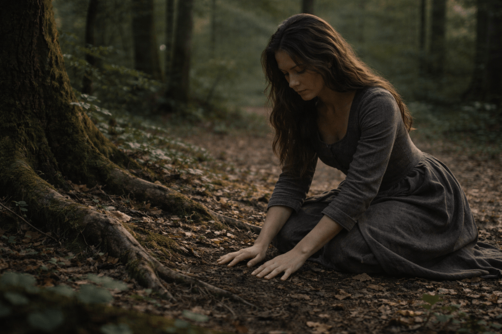 LUMIVORE-LOCKED PRODUCTION PROMPT
PART III — IMAGE D
She’s Still With Me

(Presence Without Intervention)

FUNCTION (LOCKED)

Shifts magic from event → relationship

Establishes Esmée as continuity, not appearance

Keeps the land as the primary witness

Reinforces restraint after political tension

Grounds Cinder as listener, not conduit

Magic is not happening.
It is remaining.

CORE IMAGE

A horizontal, photorealistic, cinematic still.

In a quiet forest clearing beyond the estate grounds.

Cinder Dubois is alone — but not alone.

Nothing supernatural is visible.
Nothing announces itself.

SUBJECT — CINDER DUBOIS (LOCKED)

Cinder Dubois is a young French woman in her mid-to-late 20s with pale olive skin, expressive dark eyes, and long brown hair worn loose and unstyled.

Her hair falls naturally, slightly tangled from movement and wind — not arranged, not symbolic.

She wears her original earth-toned wool dress:

plain

practical

faintly smudged from travel and ash

creased, lived-in

No adornment.
No transformation.

She is barefoot.

POSTURE & ACTION (CRITICAL LOCK)

Cinder is kneeling or seated low on the forest floor.

One knee bent, the other folded beneath her

Or seated back on her heels

Her posture is inward but steady

Her hands rest directly on the earth:

fingers spread slightly

palms making full contact with soil, roots, or moss

not gripping

not pressing for effect

Her shoulders are relaxed.

Her breath is visible in her chest and back.

She is listening.

Not calling.
Not summoning.

THE LAND (PRIMARY SUBJECT)

The forest floor is richly textured:

damp soil

fallen leaves

exposed roots

moss along bark and stone

Subtle warmth is present — but only as texture:

slightly richer earth tones in the soil beneath her hands

bark that appears faintly sun-warmed

moss holding quiet life

⚠️ This warmth must read as natural continuity, not energy.

No glow.
No light source.
No visual effect.

The land feels awake, not active.

ESMÉE — ABSENCE AS PRESENCE (LOCKED)

Madame Esmée Étoile is not visible.

No silhouette.
No reflection.
No spirit form.

Her presence is implied only through:

Cinder’s stillness

the calmness of the space

the land’s quiet receptivity

Esmée does not intervene.

She remains.

ENVIRONMENT (LOCKED)

Tall trees surrounding the clearing

Filtered natural light through canopy

No path visible

No structures

No horizon emphasis

This is not a destination.
It is a listening place.

TIME & LIGHT (LOCKED)

Late afternoon or early dusk.

Lighting characteristics:

soft, natural

neutral to slightly warm

filtered through leaves

No directional spotlight.
No heightened contrast.

Light reveals surface and texture, not meaning.

CAMERA & LENS (LOCKED)

Horizontal framing.

Medium-wide to medium-close composition:

Cinder’s full seated/kneeling form visible

Hands and earth clearly readable

35–45mm lens equivalent.

Eye-level or slightly above.

The camera witnesses.
It does not interpret.

Moderate depth of field:

Cinder sharp

immediate forest readable

background softly receding

COLOR & GRADE (LOCKED)

Natural forest palette

Earth-dominant tones

Greens, browns, muted golds

No bloom.
No saturation push.
No magical grading.

Subtle film grain only.

Nothing aestheticizes belief.

NARRATIVE READ

Photorealistic.
Observational.
Unstaged.

Magic is not louder here.
It is closer.

She does not see Esmée.
She does not need to.

The land remembers.
And so does she.

❌ NEGATIVE PROMPT / REFUSAL TAIL (CRITICAL)

no visible magic
no glow
no light effects
no spirits
no apparitions
no fantasy symbols
no ritual gestures
no summoning
no dramatic posture
no illustration