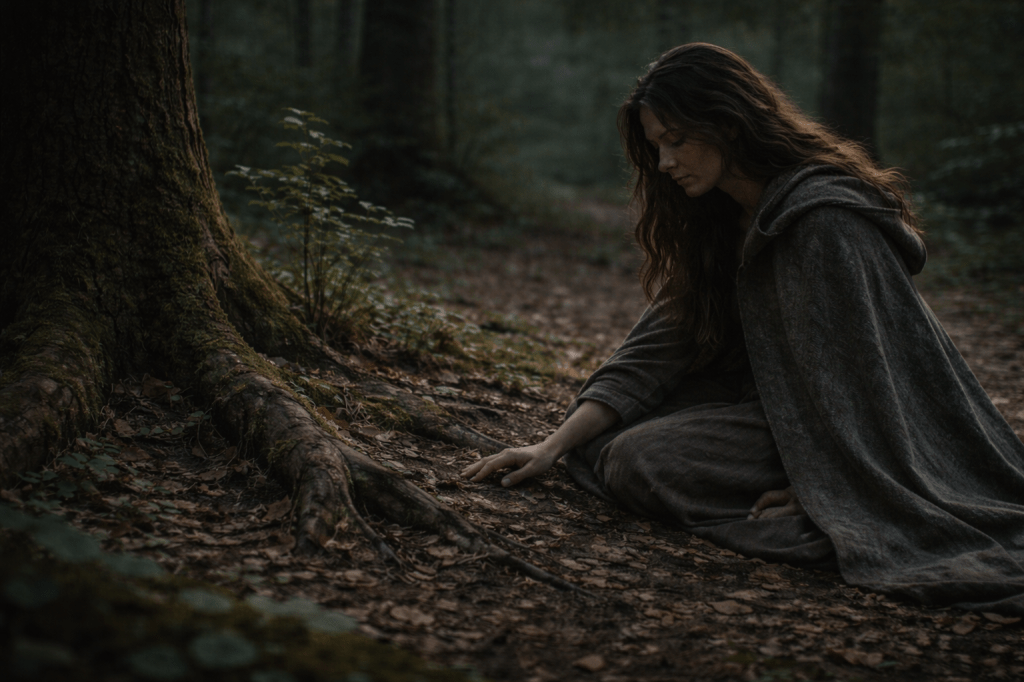 LUMIVORE-LOCKED PRODUCTION PROMPT
PART III — IMAGE F
What Remains

(Continuity Without Confirmation)

FUNCTION (LOCKED)

Holds the section together during perspective shifts.
Depicts change without declaring success.
Affirms continuity without proof.
Positions the land as witness, not responder.
Keeps magic relational, not performative.

This image does not answer the text.
It allows the text to continue unanswered.

CORE IMAGE

A horizontal, photorealistic, cinematic still.

In a quiet forest grove at dusk or early evening.

The moment comes after action, after effort, after belief —
but before resolution.

The land has responded — but only by remaining.

SUBJECT — CINDER DUBOIS (LOCKED)

Cinder Dubois is a young French woman in her mid-to-late 20s with pale olive skin, expressive dark eyes, and long brown hair worn loose and unstyled.

Her hair is slightly tangled, settling naturally around her shoulders.

She wears her original earth-toned wool dress:

plain

practical

creased and worn

faintly marked from travel and ash

No adornment.
No finery.
No transformation.

She wears Esmée’s cloak around her shoulders:

heavy

weathered

draped naturally, not ceremonially

clearly used, not symbolic

The cloak reads as presence remembered, not protection given.

POSTURE & ACTION (CRITICAL LOCK)

Cinder is seated or kneeling at the base of the grove’s oldest tree.

Her posture is:

low

inward

steady

One hand rests on the earth again:

palm down

relaxed

clean (no blood visible)

fingers naturally spread

The other hand rests loosely in her lap or against her knee.

She is not pressing, not listening dramatically, not asking.

Her shoulders are relaxed.
Her breathing is visible.

She is waiting — without expectation.

THE LAND (PRIMARY SUBJECT)

The land dominates the frame.

Visible elements include:

exposed roots of the oldest tree

damp soil

fallen leaves

moss along bark and stone

The sapling is visible nearby:

slightly taller than before

greener

healthy

But it is not emphasized.
It does not glow.
It does not draw the eye first.

The land feels:

quiet

settled

attentive

Not active.
Not reactive.

This is continuity, not response.

ESMÉE — ABSENCE AS CONTINUITY (LOCKED)

Madame Esmée Étoile is not visible.

No silhouette.
No reflection.
No spirit form.
No implication of arrival or departure.

Her presence is implied only through:

the cloak

the steadiness of the space

the absence of disturbance

Esmée does not speak.
She does not guide.
She does not reassure.

She remains — by not interrupting.

ENVIRONMENT (LOCKED)

A forest grove beyond the estate grounds.

tall trees

enclosed space

no visible path

no structures

no horizon emphasis

This is not a threshold.
It is not a destination.

It is a place where the land listens without answering.

TIME & LIGHT (LOCKED)

Early evening / dusk.

Lighting characteristics:

natural

soft

neutral to slightly cool

filtered through leaves

No golden hour dramatization.
No directional spotlight.

Light reveals:

soil texture

bark detail

fabric wear

Not meaning.

CAMERA & LENS (LOCKED)

Horizontal framing.

Medium-wide composition:

Cinder fully visible

tree and ground dominant

sapling readable but secondary

35–45mm lens equivalent.

Eye-level or slightly above.

The camera witnesses.
It does not interpret.

Moderate depth of field:

Cinder sharp

immediate environment readable

background softly receding

COLOR & GRADE (LOCKED)

Natural forest palette:

muted greens

browns

earth tones

subdued dusk neutrals

No bloom.
No saturation push.
No magical grading.

Subtle film grain only.

Nothing aestheticizes belief.

NARRATIVE READ

Photorealistic.
Observational.
Unstaged.

The land does not speak.
The land does not promise.

It remains.

And she remains with it.

❌ NEGATIVE PROMPT / REFUSAL TAIL (CRITICAL)

no blood
no visible magic
no glow
no spirits
no light effects
no ritual gesture
no summoning
no emotional performance
no hope framing
no despair framing
no symbolism emphasis
no illustration