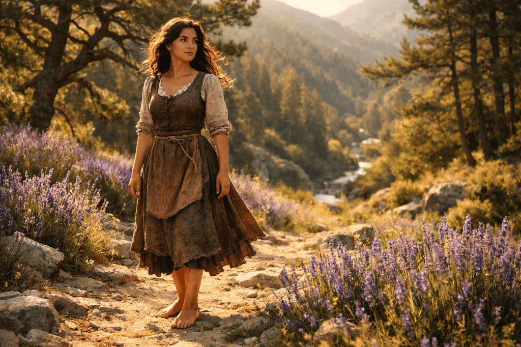 LUMIVORE CANON PROMPT
Cinder Dubois — Listening Valley (Part I Anchor)
IDENTITY LOCK (NON-NEGOTIABLE)

Subject: Cinder Dubois

Young French woman, mid-to-late 20s

Pale olive skin

Expressive dark almond-shaped eyes

Long wavy brown hair, worn loose, natural texture

Grounded, realistic presence — never stylized or glamorized

Barefoot when contextually appropriate

Costume Lock:

Worn, earth-toned wool dress

Simple construction, cinched with plain cord

Brown or muted apron

Textured, lived-in fabric

No embroidery, no embellishment, no fantasy ornamentation

SCENE LOCK

Location: Sun-dappled path through a wild lavender field

Setting: Foothills of a forested mountain valley in Provence

Natural elements: lavender in bloom, twisted pine trees, rough stone path, faint stream visible below

Time of day: Late afternoon

EMOTIONAL LOCK

Expression: Thoughtful, quietly resilient

Emotional state: Listening, grounded, inward, preparing — not performing

No overt joy, despair, or heroism

Strength is internal and restrained

CAMERA LOCK

Camera height: Eye-level or slightly below eye-line

Framing: Medium-wide or three-quarter body shot

Orientation: Horizontal (cinematic aspect)

Subject placement: Slightly off-center preferred

Pose: Natural stillness or subtle weight shift — no dramatic stance

LENS & OPTICS LOCK

Lens equivalent: 35mm–50mm (full-frame look)

Depth of field: Shallow to moderate

Subject in sharp focus

Background softly diffused, never abstracted

No wide-angle distortion

No telephoto compression

LIGHTING LOCK

Primary light: Natural late-afternoon sunlight

Quality: Warm, soft, directional

Shadows: Gentle, realistic, never harsh

Dappled light filtering through trees acceptable

No rim-lighting, no studio lighting, no spotlight effects

COLOR & GRADING LOCK

Palette: Warm, earthy, natural

Dominant tones: muted greens, lavender purples, warm golds, stone neutrals

Skin tones: Natural, unretouched, realistic

Color grade: Subtle cinematic filmic grade

Contrast: Moderate, not high

Saturation: Controlled, slightly muted

No HDR look

No hyper-vibrancy

ATMOSPHERIC LOCK

Air: Clear, soft, breathable

No fog, smoke, haze, or particles unless narratively required

Wind: Gentle breeze only (suggested through hair movement or foliage)

MAGIC CONSTRAINT (CRITICAL)

No visible magic

No glow, no runes, no light effects

Enchantment is implied through land, stillness, and mood only

REALISM & STYLE LOCK

Photorealistic cinematic still

Observational, unstaged feeling

Film-still sensibility (A24-adjacent realism)

No illustration, no painterly style

No fantasy exaggeration

GLOBAL REFUSAL LIST

❌ No fantasy costumes
❌ No dramatic poses
❌ No glowing effects
❌ No beauty retouching
❌ No modern elements
❌ No theatrical lighting
❌ No symbolic overstatement

INTENT STATEMENT (FOR CONSISTENCY)

This image represents Cinder Dubois before transformation.
She is defined by listening, not action.
The land carries the magic — she has not yet claimed it.