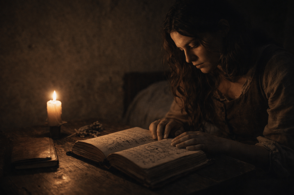 A horizontal, photorealistic, cinematic still.

At night inside a small, quiet room, Cinder Dubois sits alone at a low wooden table, reading by candlelight. She is a young French woman with pale olive skin and long brown hair worn loose, dressed in a worn earth-toned wool dress. Her posture is careful and inward, leaning slightly forward, hands resting near an open leather-bound book.

The grimoire lies open on the table, its pages filled with diagrams and handwritten script, unadorned and unmoving. A single candle provides the only light, casting warm, uneven illumination across her hands and the page while leaving much of her face and the room in shadow. A closed journal and a small sprig of dried lavender rest nearby.

The space is simple and intimate—stone or plaster walls, rough wood, no decoration. Shot at table height with a 50mm lens equivalent, medium-close framing, shallow depth of field. Earthy, low-saturation palette, restrained contrast, subtle filmic grain.
Photorealistic, observational, unstaged — aftermath, not power.

Negative prompt:
no glowing text, no spell effects, no fantasy lighting, no dramatic gestures, no illustration
