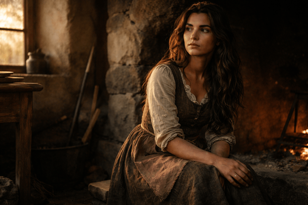PRODUCTION PROMPT — Image 2
Cinder Dubois: Ash & Silence

A horizontal, photorealistic, cinematic still.

Cinder Dubois, a young French woman in her mid-to-late 20s with pale olive skin, expressive dark eyes, and long brown hair worn loose or simply tied back, stands or sits quietly near a soot-darkened hearth inside a modest Provençal estate kitchen. She wears a worn, earth-toned wool dress and a simple brown apron, sleeves rolled, fabric visibly lived-in. One hand shows traces of ash or soot.

The room is functional and restrained: rough stone hearth, iron tools, wooden surfaces, no decoration. Late-afternoon or early-evening light enters from a single small window or the hearth itself, casting warm, low, directional light with natural shadows. The air is still.

Her expression is neutral and contained—endurance without despair, anger, or performance. She is alone in the frame; the presence of others is implied but unseen.

Shot at eye-level or chest height with a 40–50mm lens equivalent, medium or three-quarter framing, moderate depth of field. Natural color, warm earthy palette, subtle filmic grade, controlled contrast.

No magic. No fantasy effects. No visible cruelty. No theatrical lighting.
Photorealistic, observational, unstaged—quiet domestic realism.

ONE-LINE NEGATIVE / REFUSAL TAIL

(Optional but recommended)

no glowing, no fantasy costume, no exaggerated emotion, no stepmother or stepsisters visible, no dramatic posing, no stylized lighting, no illustration