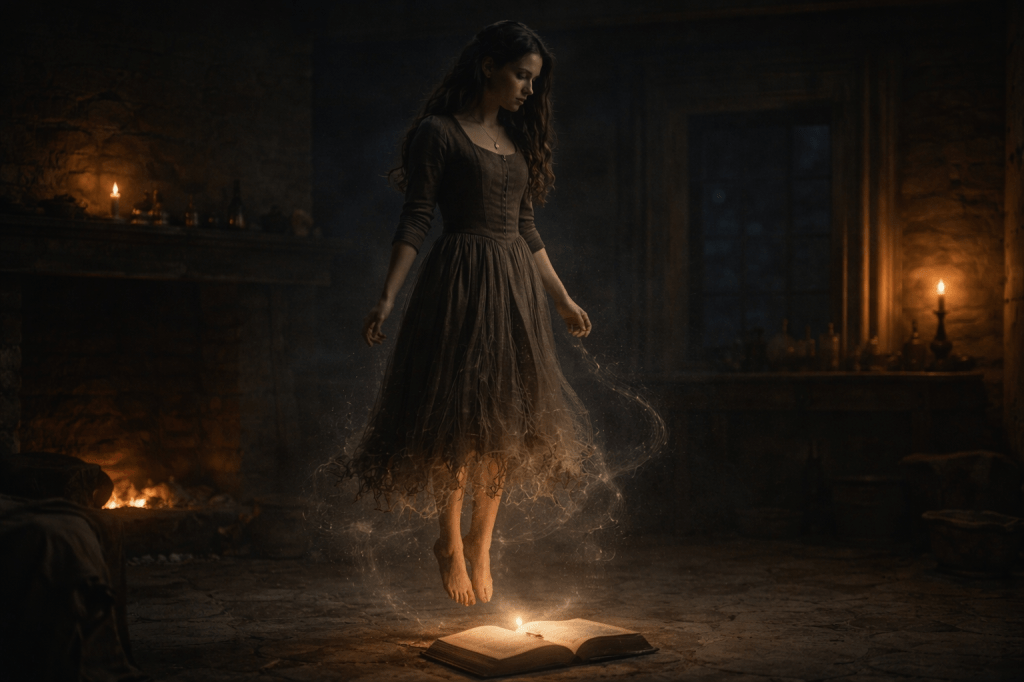 A horizontal, photorealistic, cinematic still.

Inside a small, dim stone room at night, Cinder Dubois is caught in the early-to-mid phase of a magical transformation. The space is modest and utilitarian—rough stone walls, a low hearth with dying embers, wooden beams overhead. No ornamentation. No luxury.

Cinder is a young French woman in her mid-to-late 20s with pale olive skin, expressive dark eyes, and long brown hair loosened and partially undone. Her body is suspended just inches above the stone floor—not soaring, not posed—caught in an involuntary lift. Her bare feet hover uncertainly, toes angled downward as if gravity has not fully released her.

She wears her original, worn earth-toned wool dress, still present and partially intact. The transformation is incomplete:
patchwork fabric softening at the edges, threads thinning, ash and wear fading but not gone.
Nothing has resolved into finery yet.

Below her, an ancient leather-bound grimoire lies open on the floor. Its pages emit a soft, steady golden glow—not radiant, not explosive—just enough to illuminate the undersides of her hands and the hem of her dress. The light feels intentional, not decorative.

Thin, almost imperceptible strands of light and air coil upward—not as spectacle, but like breath or tide—interacting with her body gently, as though testing rather than claiming her.

Her expression is focused and reverent, not joyful.
Her mouth is slightly parted. Her brow knit with uncertainty.
This is effort. This is risk. This is listening while acting.

Lighting is mixed and restrained:

warm firelight low and fading

candlelight flickering unevenly

the grimoire’s glow subtle and directional

Shadows dominate the room. Light never fills it.

Shot at eye-level or slightly below with a 40–50mm lens equivalent, medium framing that keeps her full figure visible while preserving intimacy. Moderate depth of field—Cinder and the grimoire in focus, room falling softly away.
Natural color with a warm-neutral palette. Controlled contrast. Subtle filmic grain.

Photorealistic, observational, unstaged — power that costs something.

Negative Prompt / Refusal Tail

no triumphant pose
no arms spread
no glowing eyes
no full gown revealed
no sparkle effects
no fantasy lighting
no illustration
no “chosen one” framing