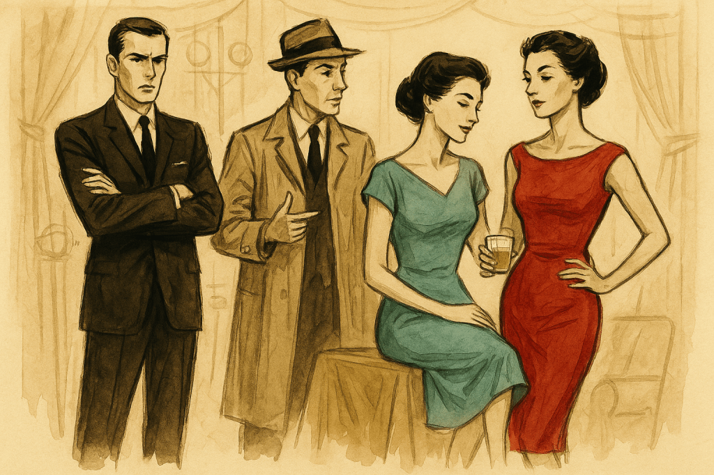 A horizontal mid-century fashion sketch–style illustration depicting four figures posed as an ensemble, framed as a repertory troupe. The illustration is rendered in vintage fashion plate style with elongated proportions, bold gestural ink linework, and soft muted watercolor washes. On the left, Tom Walton (as Tony Wendice) stands in a dark tailored suit, arms crossed, his stance ambiguous and calculating. Beside him, Mark Schwahn (as Inspector Hubbard) is upright and inquisitive, wearing a trench coat and homburg hat, one hand gesturing as if mid-investigation. Next, Ariel Puls (as Margot Wendice) sits elegantly in a turquoise dress, her posture warm and graceful, leaning subtly toward Maxine. On the right, Kelsey Glasser (as Maxine Hadley) stands confident in a sleek red cocktail dress, holding a glass of bourbon in her hand. Each figure’s pose conveys character: suspicion, authority, intimacy, and composure, highlighting the repertory theatre connection between them.

The atmosphere evokes a repertory theatre poster. Behind the figures, faint sketch lines suggest stage curtains and theatrical lights, framing them in a stylized performance setting without overwhelming detail. The palette is restrained yet vibrant: deep red, turquoise, pale cream, muted blacks, warm sepia neutrals, and soft golden washes. The mood is cinematic and stylish, balancing playful innuendo with suspenseful distance, suggesting both the farce of comedy and the taut suspense of thriller. The overall effect is elegant, sophisticated, and evocative of a repertory company’s shared theatrical history.