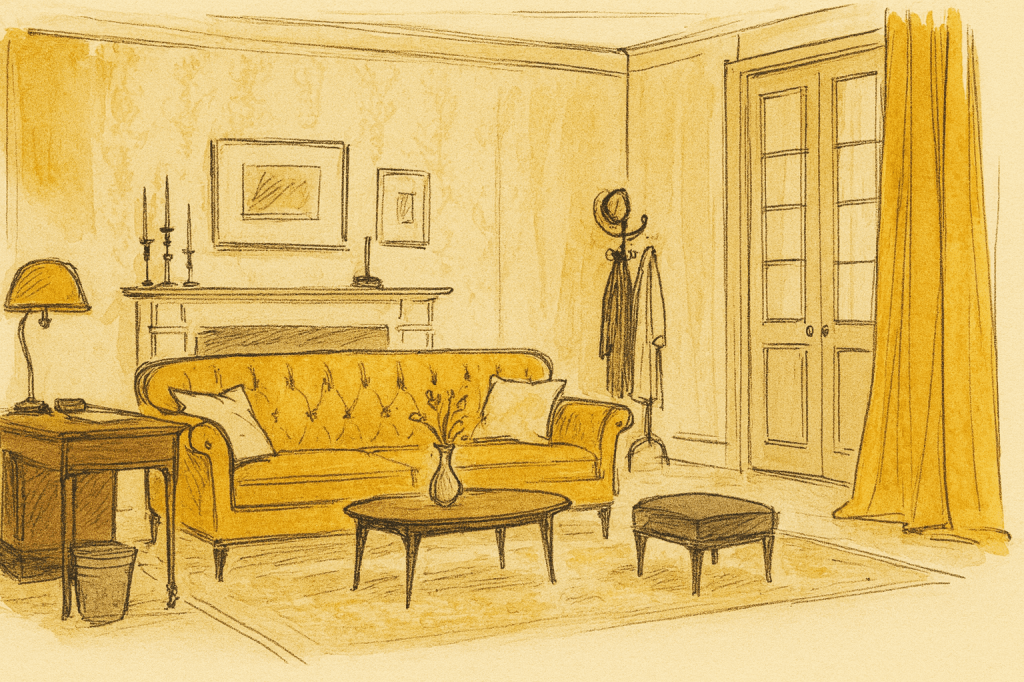 A horizontal fashion sketch style illustration of a mid-century London sitting room interior, drawn in vintage fashion plate style. The composition should match the attached stage set reference: include the golden tufted sofa, ottoman, and coffee table at the center, with a desk and chair at the left, fireplace mantle with candles and framed art to the right, and hall tree with coats and hats in the back. French doors with mustard-gold curtains are shown on the left, patterned walls with paneling and framed art all around, and hanging light fixtures sketched minimally above.

The style should remain fashion illustration-like: gestural expressive ink lines, loose perspective, muted watercolor washes in gold, cream, and brown tones, with occasional highlight accents. The atmosphere should feel chic and archival, emphasizing stylish interior elements (sofa, desk, ottoman, hall tree, fireplace, curtains) as though accessories in a fashion spread.