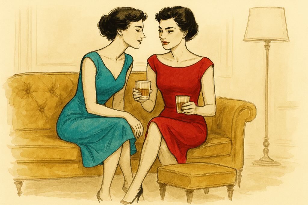 A horizontal mid-century fashion sketch–style illustration set in an elegant London flat. The scene is rendered in vintage fashion plate style, with elongated proportions, expressive gestural ink linework, and soft muted watercolor washes. Two women sit close together on a tufted golden sofa, their posture intimate and conspiratorial. Maxine, early 40s, striking and confident, matches her established look and wears a sleek red cocktail dress. She sits upright yet leaning subtly toward Margot, holding a glass of bourbon in her hand. Beside her, Margot, early 40s, graceful and playful, matches her established appearance but now wears a turquoise dress. She leans toward Maxine with warmth, her gesture suggesting teasing intimacy. She too holds a glass of bourbon, the amber tones adding to the sophistication of the scene. Their interaction conveys closeness, sly innuendo, and affectionate intimacy through gesture and posture rather than facial detail.

The background is minimal but stylish: faint sketch lines suggest the sofa’s tufting, a small ottoman in front of them, and a standing lamp beside them, grounding the space without overwhelming it. The palette is restrained yet cinematic: deep red, turquoise, amber, warm sepia neutrals, and muted golds. The mood is elegant, intimate, and sophisticated — a tableau of quiet affection rendered with the expressive elegance of mid-century fashion illustration.