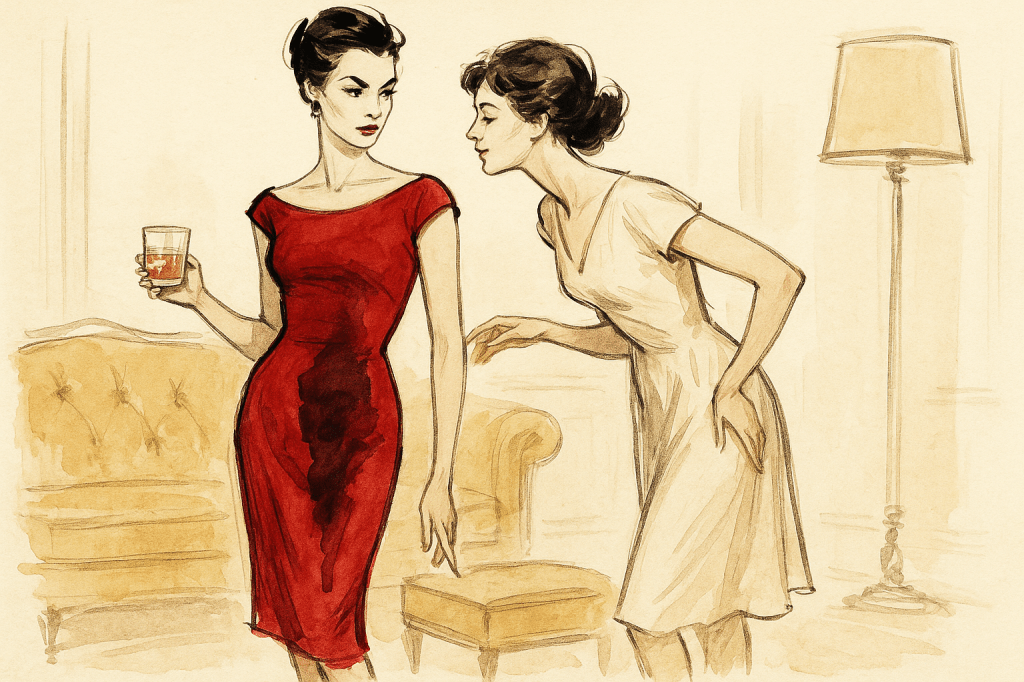 A horizontal mid-century fashion sketch–style illustration of two sophisticated London women inside an elegant flat. The composition is cinematic and rendered in the manner of a vintage fashion plate, with elongated proportions, bold gestural ink linework, and soft muted watercolor washes that capture the refined atmosphere of 1950s–60s magazine art.

Maxine

Early 40s, striking and confident, consistent with her established physical appearance.

She wears a sleek crimson cocktail dress, fitted to her frame.

A large dark stain runs across the front of the dress, clearly visible and central to the scene.

In one hand she holds a glass of bourbon, its warm amber liquid echoing the stain on her dress, creating a visual motif.

Her posture is poised but subtly mischievous, suggesting she is aware of and playfully reacting to the spill.

Her facial details are minimal, but her stance and gesture imply sly humor and composure.

Margot

Early 40s, graceful and playful, matching her established appearance.

She wears a pale house dress, soft and understated, in contrast to Maxine’s bold crimson attire.

She leans toward Maxine with a teasing, intimate gesture, posture angled in warmth and complicity.

Her body language suggests affection, playful teasing, and a quiet offer of comfort.

Like Maxine, her expression is suggested through gesture rather than detailed facial features.

Body Language & Interaction

Their relationship is conveyed almost entirely through gesture, stance, and proximity, creating a sense of intimacy, tension, and sly innuendo.

The dialogue between their bodies is elegant and understated, relying on posture rather than overt dramatics.

Background (Minimal but Chic)

Faint sketch lines suggest a tufted sofa behind the figures.

A standing lamp is lightly indicated, framing the space.

The room conveys a stylish London sitting room without clutter or heavy detailing — minimal, elegant, and suggestive.

Palette & Style

Restrained washes of crimson, pale cream, warm amber, and sepia neutrals dominate the composition.

The watercolor is applied in light, gestural washes, supporting the bold ink contours.

The illustration evokes the economy, wit, and refinement of mid-century fashion illustration, where suggestion carries more weight than detail.

Atmosphere

The mood is quiet, sophisticated, and subtly charged.

The interplay of spill, bourbon glass, and leaning gesture creates mischief and innuendo, while still maintaining the refined elegance of fashion sketch aesthetics.

The overall effect is that of a cinematic, intimate snapshot from a vintage magazine illustration — stylish, expressive, and suggestive.