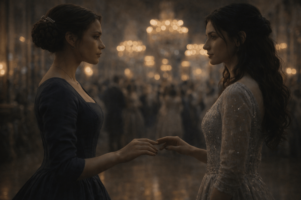 The Dance — “Stillness Before Motion”

(Intimacy Without Performance)

A horizontal, photorealistic, cinematic still.

Inside the Hall of Mirrors during the royal ball, Princess Aveline Beaumont and Cinder Dubois stand facing one another at close distance, just before the first step of a dance. They are centered in the emotional frame but not perfectly centered in composition. The moment is suspended.

Aveline

Princess Aveline Beaumont is a young French royal woman in her mid-to-late 20s with a refined, thoughtful face. Her chestnut-brown hair is styled into a precise braided chignon secured with a pearl comb; a few soft tendrils frame her face.

She wears her official ball gown: late-17th-century French court formalwear with a structured bodice, formal neckline, and a full but controlled skirt in muted midnight blue or slate. The fabric is matte or low-sheen silk, weighty and impeccable, absorbing light rather than reflecting it.
No crown. No insignia.

Her posture is upright but softened compared to earlier scenes. One hand is slightly extended—not commanding, not hesitant—offering invitation without dominance. Her expression is calm, focused, and present. She is not smiling. She is choosing.

Cinder

Cinder Dubois stands opposite her, close enough that the space between them feels intentional. She is a young French woman in her mid-to-late 20s with pale olive skin, expressive dark eyes, and long brown hair worn loose and simply styled.

She wears her enchanted silver gown, luminous without spectacle. The fabric holds light softly, like starlight caught on breath rather than sparkle. The gown feels lived-in already, as though it responds to her rather than adorns her.

Her posture is steady. One hand is lifted toward Aveline’s, fingers relaxed and open, hovering just short of contact. She is not bowing. She is not performing. Her expression is attentive and grounded—present without fear.

Their hands are inches apart.
They have not touched yet.

Environment & Composition

The Hall of Mirrors recedes:

chandeliers glow softly overhead

courtiers blur into motion at the edges

reflections fragment light and distance

No one intrudes into the space between them.

The room exists, but it no longer matters.

Light & Mood

Lighting is restrained and observational:

warm chandelier light diffused through crystal

soft highlights along hands and faces

background motion blurred but readable

No spotlight.
No dramatic contrast.
Music is implied through stillness, not shown.

The intimacy is quiet, mutual, and unperformed.

Camera & Lens

Medium framing

40–50mm lens equivalent

Eye-level, neutral perspective

Shallow-to-moderate depth of field: hands and faces sharp, surroundings softened

Color & Grade

Cool-warm balance (gold interiors, cooler skin tones)

Natural color

Restrained contrast

Subtle filmic grain

Narrative Tone

Photorealistic. Observational. Unstaged.
Choice before movement.

Negative Prompt / Refusal Tail

no spinning
no lift
no dramatic gesture
no romantic pose
no spotlight
no fantasy lighting
no exaggerated expressions
no illustration