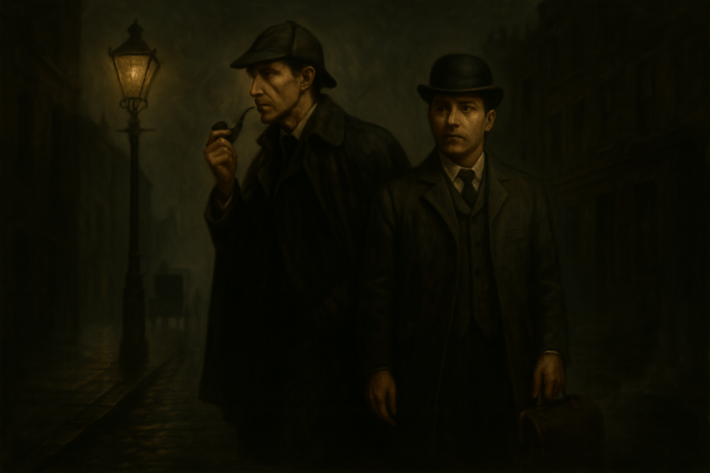 An atmospheric, cinematic noir realism oil painting of Sherlock Holmes and Dr. John Watson in late 19th-century London.

Holmes: Tall and lean, dressed in a dark Inverness cape draped dramatically over his shoulders. He wears a deerstalker hat tilted forward, holding a curved pipe in one hand. His posture is angular and alert, with his head tilted slightly as if analyzing a clue. His piercing gaze is illuminated by a shaft of lamplight cutting through the fog.

Watson: Sturdy and reliable, standing beside Holmes. He wears a bowler hat and a neatly buttoned wool coat, carrying a doctor’s leather bag in one hand. Unlike traditional depictions, he is clean-shaven, without a moustache, but maintains the same steady, composed, and wary demeanor. His face conveys quiet strength and seriousness.

Setting:
A fog-shrouded London street at night. Slick cobblestones glisten under the glow of a wrought-iron gaslamp, casting golden light that cuts across the heavy shadows. In the background, the hazy silhouettes of hansom cabs and brick rowhouses fade into misty obscurity.

Palette & Style:

Muted and atmospheric colors: deep grays, blacks, earthy browns, accented with sharp highlights of golden lamplight.

Painterly brushstrokes with chiaroscuro contrasts, emphasizing light and shadow.

The overall aesthetic evokes the gothic allure of Victorian London with a cinematic noir tone.

Mood:
Suspenseful, intellectual, and gothic. Holmes as the restless seeker of deduction; Watson as the steadfast companion — a duo caught in a moment of mystery, poised at the threshold of discovery.

Format: Horizontal, cinematic composition.