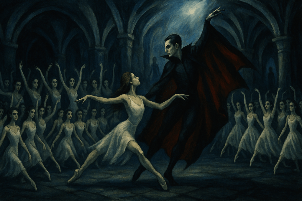 A horizontal Expressionist-inspired painting depicting a ballet performance set in the gothic crypt of Count Dracula. The scene is richly atmospheric with a muted, moody color palette — faded blues, ashen greys, and touches of ochre and shadowed gold. Dracula stands center stage in an elegant, flowing ballet cape that suggests power and supernatural control. His stance is theatrical and commanding, with sculpted light catching the folds of his costume. Surrounding him are numerous Brides — ghostly ballerinas in varied motion — their flowing skirts and veils captured mid-spin, their bodies extending in poses that blend beauty with menace. The crypt itself is an arched, cathedral-like space with distorted pillars and cracked stone, designed in the dramatic, skewed geometry of German Expressionist cinema. Hints of magical fog curl around their feet. Subtle side-lighting creates a theatrical spotlight effect, catching cheekbones, fabric edges, and gesture lines. Near the far edge, a small silhouette of Flora can be glimpsed — a pale contrast in posture and tone — foreshadowing her eventual fate. The overall composition is haunting yet graceful, like a fevered dream translated into stage ballet.