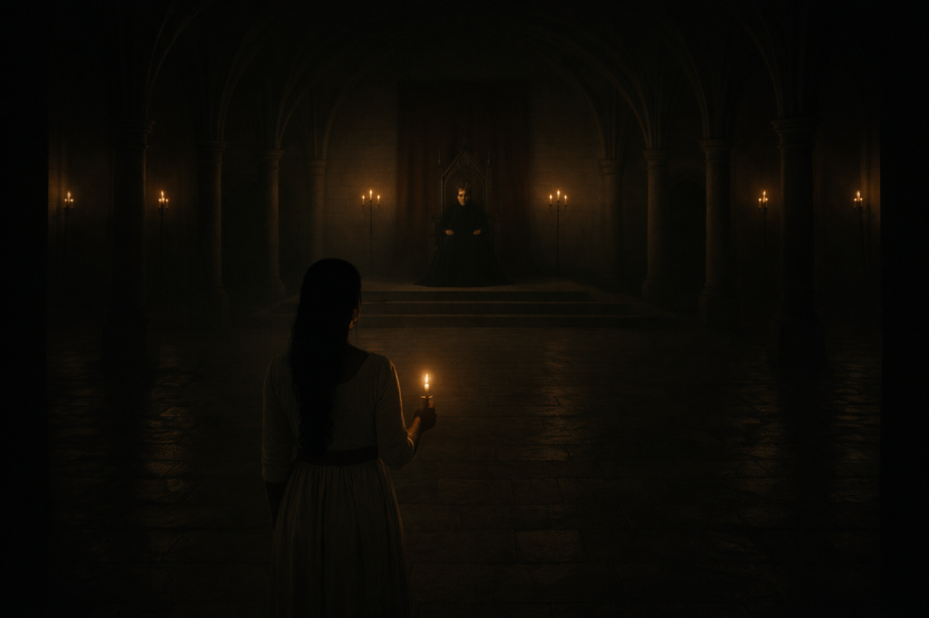 A wide, symmetrical, A24-style cinematic still from a dark fairytale film, rendered in photorealistic detail with restrained, low-light cinematography.

Foreground / Subject:
Snow White stands at the far threshold of a vast throne hall, seen from behind and small in frame.
She is a young woman with medium-brown skin and long black hair worn in soft waves with a loose braid. She wears a simple, modest cream-colored gown with a muted red cloth belt at the waist.

She holds a single small candle in one hand. The flame is warm but weak, illuminating only her immediate silhouette and hands. The candle does not brighten the room; it merely survives within it. Her posture is upright and tense — restrained, not submissive.

Environment:
The throne hall is immense, symmetrical, and oppressively dark. Ribbed stone arches and thick columns recede into shadow. The stone floor appears subtly uneven, with faint rippling shadows that suggest the castle itself is breathing.

Dim iron wall torches line both sides of the hall, their flames warped and flickering unnaturally inward, as though drawn toward the throne. The air feels compressed, heavy, and watchful. Darkness gathers at the edges of the frame, creating a sense of spatial pressure rather than a lens effect.

Background / Power Figure:
At the far end of the hall, elevated on shallow stone steps, sits the Queen upon a tall iron-oak throne beneath a deep red hanging banner.

The Queen is pale, severe, and stone-still:
– slicked-back dark hair
– sharp features
– black high-collared gown
– restrained crown

She does not glow, move, or perform menace. Her presence creates visual gravity — the architecture, shadows, and torchlight subtly bend inward toward her.

Lighting & Tone:
– Candlelight is the only warm light source
– Torches provide minimal, cold illumination
– No backlighting, no heroic glow
– High dynamic range with natural grain
– Deep blacks without crushed detail

The Queen remains evenly and minimally lit, resisting illumination rather than hiding from it.

Mood & Style:
Dark fairytale realism.
Quietly oppressive rather than theatrical.
No action, no confrontation — only hierarchy, distance, and control.
The atmosphere hums with unease, as if the space itself enforces obedience.

Style constraints:
Cinematic realism, restrained contrast, no fantasy glow effects, no exaggerated distortion, no stylized horror elements, no heroic framing.