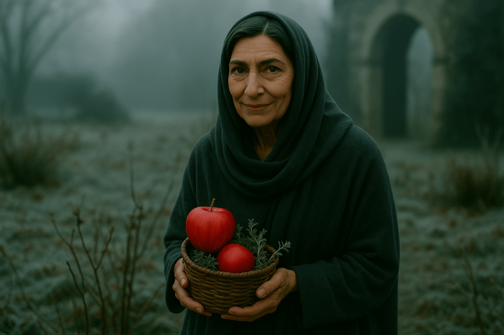 A24-style cinematic still, horizontal composition.
An older woman stands just inside a frost-covered garden near a stone archway.
She is the same caretaker from earlier scenes — an elegant but humble woman with lined features, olive-toned skin, and dark hair mostly tucked beneath a charcoal-grey hooded shawl.

She holds a small woven basket close to her chest.
Inside the basket: two or three unnaturally vivid red apples resting on sprigs of green herbs, the contrast intentionally striking against the muted, cold palette of the world.

Her expression is key:
a gentle, warm, welcoming smile — but with eyes that hold an uncanny stillness, as if she knows more than she lets on.
A subtle sense of “you’ll understand who I am soon enough” lives in her gaze, softened but quietly unsettling.

The background is a fog-drenched courtyard:
pale morning light, silhouettes of bare trees, and the soft blur of the arched stone gate behind her.
Everything is desaturated except the apples.

Lighting: soft natural overcast, moody but photorealistic.
Costume: heavy wool shawl, deep charcoal, draped naturally over shoulders.
Atmosphere: gentle dread beneath kindness; nothing stylized, no magical effects — just grounded realism, shallow depth of field, and subtle unease.