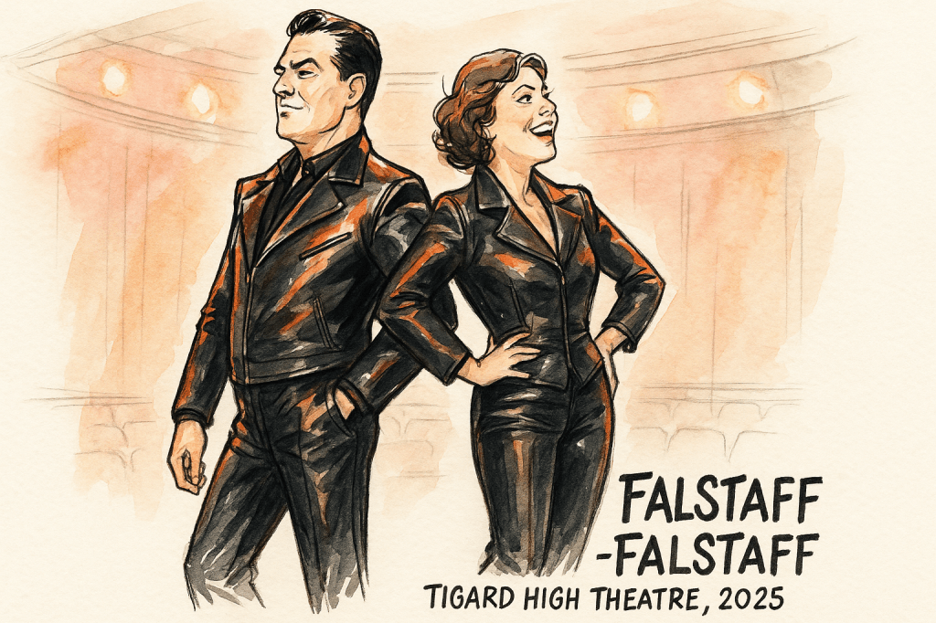 ILLUSTRATIVE FASHION SKETCH IMAGE, HORIZONTAL 16:9 — bright ink and watercolor fashion sketch of two actors as Sir John Falstaff, one male, one female, standing back-to-back in matching 1960s-inspired black leather suits. The male Falstaff is drawn in confident posture with slicked hair, the female Falstaff laughing slightly, hands on hips. Both outlined in expressive black pen lines and loose watercolor washes. Stage lighting reflected as warm amber and coral pink highlights on the leather. Background is minimal — only faint brushstrokes suggesting an auditorium stage. Caption in hand-lettered style reads “Falstaff / Falstaff — Tigard High Theatre, 2025.” Paper texture visible, fashion sketch realism with lively movement, playful duality, and airy composition.