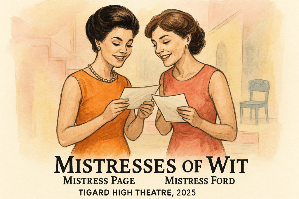 FASHION SKETCH–INSPIRED ILLUSTRATION, HORIZONTAL 16:9 — In the same artistic style as the reference image, two women (Mistress Page and Mistress Ford) stand close together, mid-conversation, both holding letter-sized letters in hand as they share a knowing glance. One wears a bright orange sleeveless dress, the other a coral sleeveless dress, with mid-century hairstyles and subtle jewelry like pearls or small hoops.

The backdrop evokes a pastel theatre setting — a pink stair, a yellow wall, and a teal chair — softly washed in watercolor. The lighting is warm and amber, suggesting late afternoon rehearsal light or an onstage glow.

The composition uses expressive pen lines and loose watercolor shading, balancing fashion illustration polish with theatrical energy. The visual tone resembles a 1960s theatre sketch or a Ladies’ Home Journal magazine spread — refined, bright, and full of personality.

Hand-lettered text at the bottom reads:
“Mistresses of Wit — Mistress Page & Mistress Ford, Tigard High Theatre, 2025.”

Tone: Feminine wit, camaraderie, mid-century poise, playful intellect, and subtle stagecraft charm.