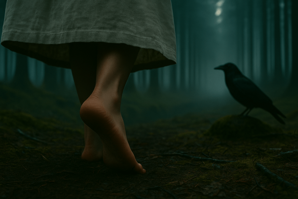 A24-style cinematic still, horizontal composition.
Extreme close-up, ground-level perspective focusing on a young woman’s bare foot taking her first step into a damp forest floor. The woman has olive skin and slender ankles, matching her established Snow White model. Her foot is shown mid-movement, toes lightly curling into soft earth composed of dark soil, moss, and scattered wet leaves. The motion is gentle and natural, with subtle, realistic motion blur conveying a first step and quiet transition.

The lower hem of her pale linen dress is visible in the upper left of the frame, soft-textured, slightly wrinkled, and period-appropriate. No modern seams or fabrics. Her long dark braid is barely visible at the top edge, blurred by depth of field.

The background forest matches the established Black Forest continuity: tall, straight black tree trunks, partially veiled by cool silver fog. The scene has more visible tree detail than heavy fog—moody but readable. Dawn light is extremely subtle, creating faint cool highlights across the moss.

A raven stands on a moss-covered rock or root in the midground on the right side of the frame. It is slightly soft but clearly recognizable, watching her step with quiet awareness—not ominous. Its presence is atmospheric, not central.

The color palette is muted and natural: cool dawn blues, soft greys, moss greens, earthy browns.
Lighting is diffused, natural, and low-contrast.
Soft film grain.
No stylization. No modern elements. No surreal distortion.
Photorealistic, grounded supernatural realism.