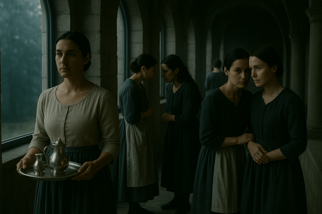 A24-style cinematic photograph set in a cold stone castle corridor in early morning.
The architecture is simple medieval stone: high arched windows, rough textured walls, soft bluish-gray ambient light. The atmosphere is quiet, haunted, and feminine.

Four women servants are present, all wearing naturalistic medieval servant clothing: muted linens, gray and beige dresses, aprons, and shawls in slightly different tones for realism (soft cream, dusty gray, faded blue). No bright colors. No fantasy embellishments. Hairstyles are simple: braids, buns, loose pulled-back hair.

Composition:

The corridor stretches into soft darkness.

One servant in the mid-foreground holds a wooden tray with folded linens, angled slightly toward the window so she does not dominate the frame. Her posture is subdued and dutiful.

Two servants farther down the corridor stand close together, leaning their heads 2–3% closer in a subtle whisper. Their body language implies secrets, not gossip — quiet, tense, intimate.

A fourth servant is deeper in the background, walking or pausing, her silhouette softened by shadow, adding depth without drawing focus.

Lighting:

Light is identical to Snow White’s corridor shot:

cold morning blue at the windows,

warm, faint golden bounce on cloth and skin,

shadows soft but deepening into the hallway.

Light falls naturally across stone and faces, never stylized.

Tone and Mood:

The castle feels alive, as if holding its breath.

The women move like “smoke drifting through corridors,” quiet and purposeful.

Their presence suggests a world of secrets, routines, and quiet surveillance.

Camera & Style:

Shot on a 35mm lens, horizontal framing, shallow depth of field.

Background servants softly blurred, but still readable.

Photorealistic skin tones and textures.

Zero anachronisms.

Entire image must reinforce the female-centered fairytale realism.
