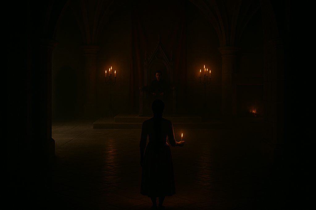 A wide, symmetrical, A24-style cinematic still from a dark fantasy film.
The scene depicts Snow White standing at the far threshold of a vast throne hall, rendered in photorealistic detail with atmospheric low-light cinematography.

Snow White (canonical model):
– young woman with medium brown skin
– long black hair in soft waves with a loose braid
– wearing a simple cream gown with a muted red cloth belt
– holding a small candle whose warm flame barely illuminates her silhouette
– shown from behind, small in frame, a lonely figure at the doorway

Environment:
The hall is immense, symmetrical, and suffocatingly dark, lit only by warped, flickering torches along the walls.
The stone floor is subtly distorted, with faint rippling shadows suggesting the castle is “breathing.”
The air feels compressed, thick, as though the entire room bows toward the Queen.

At the far end of the hall sits the Queen, matching her established canonical appearance:
– pale skin, sharp features, dark slicked-back hair
– black high-collared gown
– stone-still posture
– seated on a tall iron-oak throne beneath a deep red hanging banner
Her presence creates a visual gravity: the light bends slightly inward toward her.

Mood + Style:
– dark fairytale realism
– wide lens, center-framed symmetry
– dramatic shadows, torches bending inward unnaturally
– candlelight is the only warm light
– the atmosphere hums with unease
– extremely high dynamic range and natural grain, A24 tone

The overall composition emphasizes Snow White’s smallness and the Queen’s overwhelming dominion inside the living castle.