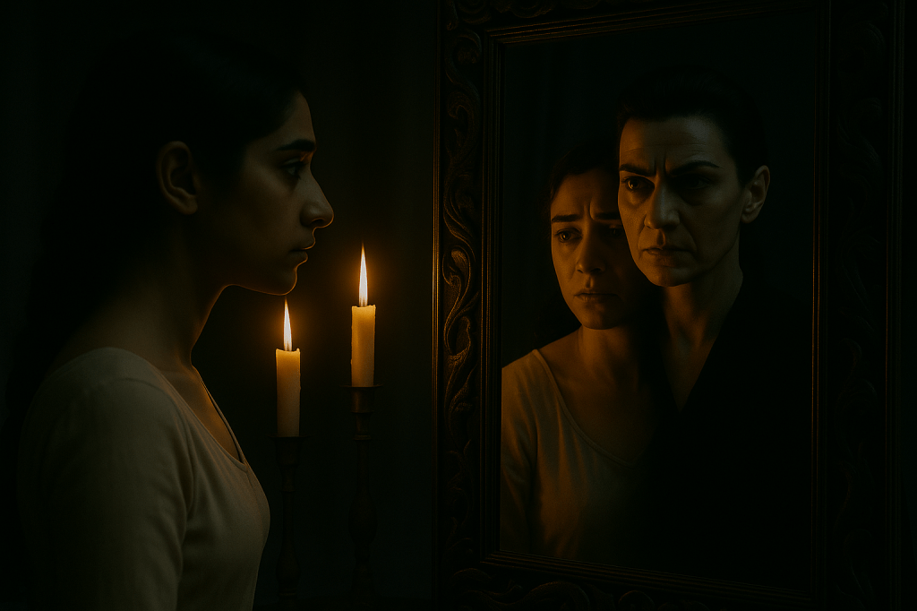 A24-style cinematic still, horizontal composition.
A dimly lit chamber with deep shadows and a heavy atmosphere. On the left side of the frame stands Snow White, matching the established model: a young woman with olive skin, long dark braided hair, expressive eyebrows, and a tense, wary profile. She is viewed strictly from the side. Her skin and the beige fabric of her dress are lit by warm golden candlelight from two tall burning candles positioned just behind and to the right of her.

To the right side of the frame is a large, carved dark-wood mirror with ornate, almost organic gothic motifs along its frame. Inside the mirror, Snow White’s reflection appears — but instead of centered, she is pressed close against the right edge of the reflection, and her face looks fearful and distressed, softened by the warm light that spills into the mirror’s surface.

Standing directly behind Snow White’s reflection — but visible only in the mirror — is the Queen, matching her established appearance exactly:
a stern older woman with sharp, angular features, deep-set eyes, strong brows, and slicked-back dark hair, wearing a severe black dress.
Her face is illuminated by a cooler, slightly bluish tone that contrasts with Snow White’s warm light. The Queen appears extremely close, her face just behind Snow White’s reflection, but not merging with or touching her — the effect suggests emotional possession or dominance rather than physical contact.

The background beyond both women is nearly black, with no detail except faint shadows.
No supernatural warping of anatomy; the tension comes entirely from the dual reflections and the contrasting lighting.

Photorealistic, moody, psychological, quiet dread.