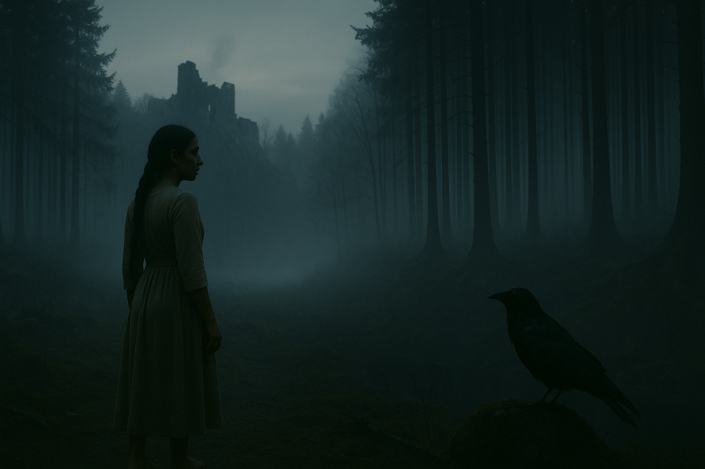 A24-style cinematic still, horizontal composition.
A young woman (Snow White) stands at the edge of a clearing at dawn, viewed from behind and slightly to the left so that her profile and posture are visible. She has olive skin, a long dark braid down her back, and the same established facial structure from previous images. She wears a simple, pale, long-sleeved dress. Her shoulders are tense but her stance is quietly resolute, as if taking her first breath of freedom.

In the distance behind her, the ruins of a collapsed stone castle rise out of low morning fog. The structure appears broken, cracked, and partially fallen, with beams and fractured walls silhouetted against a pale, cool dawn sky. No flames or active destruction — only soft smoke drifting upward in a single, thin ribbon from a fallen beam. The atmosphere conveys aftermath, not violence.

The surrounding forest is dark and mist-laden: tall black trees with bare or sparse branches, silver fog curling between them. The foreground ground is damp, soft earth with patches of moss, subtly reflecting the dim sky. The air carries a sense of cold freshness.

A raven perches on a rock or low branch in the mid-ground to the right, turned toward Snow White as if observing her arrival in this new world. The bird is still, calm, realistic — not supernatural.

The overall lighting is soft and diffused. Dawn light filters through the fog in muted tones of grey, blue, and faint gold. No harsh highlights. The cinematic color palette leans toward desaturated earth tones and cool shadows. Slight grain and shallow depth of field lend the image an art-film realism.

Photorealistic, moody, quiet, emotionally reflective. No violence, no gore, no surreal distortion. A naturalistic, contemplative final shot.