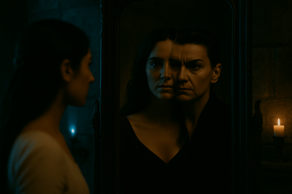 A cinematic, photorealistic A24-style film still set in a dim, stone-walled tower chamber at night.
The Queen stands before a tall, antique mirror with an ornate dark wood frame.
She wears a deep midnight-blue cloak with sharp, structured shoulders, and her canonical appearance is consistent: a severe, angular face, deep-set dark eyes, strong arched brows, sharp cheekbones, and hair pulled back into a tight, regal style.

In the mirror, her reflection does NOT match her movements.
Instead, the reflection shows her younger ‘Stranger’ glamour version — softer features, loose dark waves, smoother skin — but clearly the same woman, not a different person.

The two faces partially overlap along a vertical seam:
one half the harsh, severe true Queen,
the other half the softer glamour form.
The boundary between them appears subtly torn or cracked, but elegant, not glitchy — a magical illusion flicker, not digital distortion.

Snow White (same canonical appearance: warm medium-olive skin, dark wavy hair in a modest braid, cream linen dress) is visible only in the blurred foreground, watching the Queen from behind.
She is out of focus to maintain POV tension.

Lighting is moody and dramatic:
cool blue torchlight on one side,
warm golden candlelight on the other,
and the mirror emitting a faint supernatural glow.
The room is shadowed, atmospheric, with hints of medieval stone textures.
Tone: dark fairytale realism, intimate, unsettling, emotionally charged
