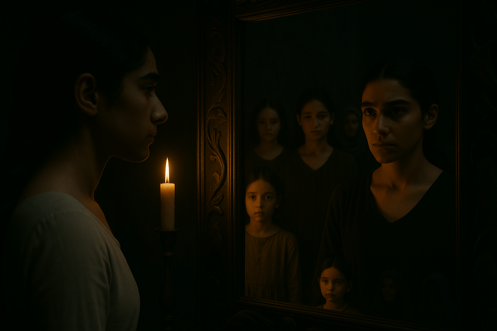 A24-style cinematic still, horizontal composition.
A young woman (Snow White) stands on the left side of the frame in dim candlelit darkness, shown in a three-quarter profile, her expression tense and uncertain. She is South Asian–coded with dark braided hair and natural features, wearing her simple cream-colored dress. She is lit only by warm candles behind her, creating a soft rim-light along her cheek and jaw.

In front of her, occupying the right half of the frame, is a tall, ornate mirror carved with wolves, serpents, and twisting vines. The mirror surface glows faintly, as if alive.

Inside the mirror, instead of her current self, Snow White sees an earlier version of herself — a younger girl in her late teens or early twenties, with the same face but a slightly smoother, younger appearance. This reflection stares back at her with wide, frightened eyes.

The reflected younger self is softly lit by the mirror’s pale, cool glow, contrasting with the warm candlelight behind Snow White. The reflection’s shoulders turn subtly toward her, not perfectly matching her stance, as though the mirror is showing a memory rather than a true reflection.

The background is dark, atmospheric, and undefined, emphasizing the contrast between warm and cold tones. No special effects, no surreal distortions — only a grounded, photorealistic moment of uncanny memory.

Mood: quiet dread, identity revelation, intimate horror.
Lighting: low-key, warm candlelight vs. cold mirror light.
Style: grounded realism, film-grain softness, A24 mood.
No duplicate Queens or caretakers. Only Snow White and her younger reflection.
