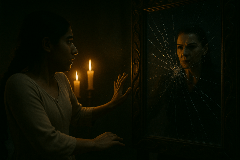 A24-style cinematic still, horizontal composition.
A young woman (Snow White) stands in a dim throne hall, lit only by two flickering candles positioned behind her to the left. She has olive skin, long dark braid, and expressive features that match her established model, shown in profile on the left side of frame. Her posture is tense and alert, as if reacting to a sudden supernatural jolt—her shoulders slightly hunched, her body angled instinctively toward the mirror. No excessive motion blur, but a subtle sense of vibration in the air.

In front of her is a tall, ornate dark-wood mirror carved with twisting vines and symbols. The mirror’s glass is fracturing outward from a single, bright central impact point, forming spiderweb cracks that glow faintly with warm candlelight. The cracks do not show flying shards or gore—just pressure, light, and tension. A light haze of drifting dust particles suggests the castle is rumbling but keeps the tone safe and grounded.

Inside the mirror, the Queen’s reflection is visible exactly as established:
an older stern woman with sharp features, slicked-back dark hair, deep-set eyes, and a severe black dress.
She is centered within the broken mirror surface, lit by a faint cold bluish tone. She appears perfectly still and unshaken, staring forward with an intense, commanding expression. No duplication, no blended faces, no surreal anatomy.

The environment is dark and moody, with deep shadows and a grounded, photorealistic tone. No body distortion, no violent debris. Just quiet dread, tension, and the supernatural moment of the mirror beginning to shatter.

Photorealistic. Cinematic. Emotionally heavy.
No gore, no surreal anatomy, no graphic harm.
