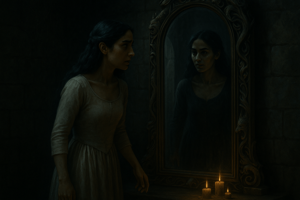 A horizontal, cinematic, dark fairy-tale scene in a gothic stone chamber. A young woman of Middle Eastern or Mediterranean appearance stands before an ancient mirror carved from dark oak and iron, adorned with wolves and serpents. She has long black hair loosely tied back, medium-warm skin, natural features, and wears a simple cream medieval gown with a soft red sash. Candlelight flickers at the base of the mirror, casting warm, trembling highlights on her face. She leans forward slightly, tense and afraid, gazing at her reflection — which appears subtly wrong: darker, stiller, watching her rather than mimicking her pose. The atmosphere is eerie, quiet, and psychological. Heavy shadows pool in the corners; the stone walls fade into darkness. Composition is wide, cinematic, and painterly with realistic textures, soft volumetric lighting, and a moody color palette of deep greens, browns, and gold. The tone evokes an A24 dark fantasy film still — grounded, atmospheric, minimalistic, unsettling, and art-house in style.