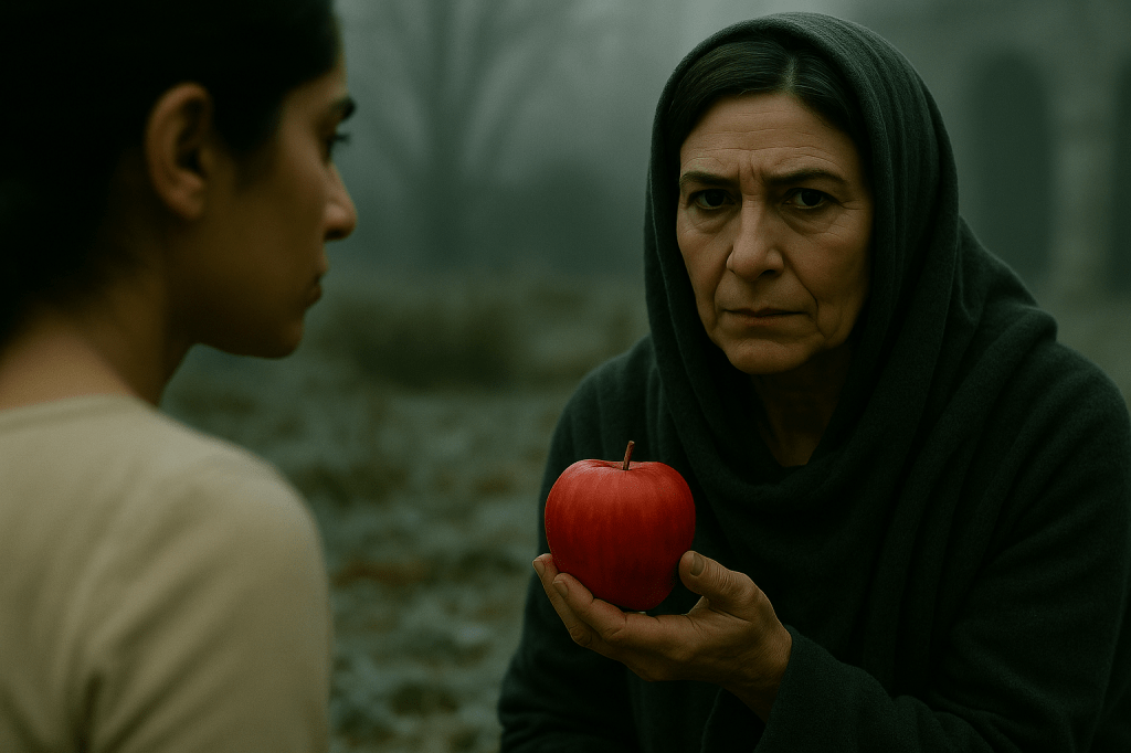 A24-style cinematic still, horizontal composition, photorealistic.

The scene takes place in a frost-covered courtyard at early morning.
Cold, desaturated blue-gray fog fills the background, with blurred silhouettes of bare trees and stone arches receding into the mist. The light is soft, natural, and muted.

Foreground (Blurred)

A young woman is shown from the side in the blurred left foreground.
Only her shoulder, neck, and the profile of her cheek are visible.
She has olive-toned skin and dark hair pulled back.
She is turned away, looking off-screen — not looking at the older woman.

Her presence is intentionally out of focus, emphasizing that she cannot see the caretaker’s true expression.

Caretaker (Sharp Focus, Center-Right of Frame)

The caretaker is the main focus of the image.

An older woman with a lined but dignified face

Sharp cheekbones, deep-set eyes, and a composed expression

Dark greying hair partially hidden under a charcoal hooded shawl

Clothing humble, textured, and rural but well-kept

Her expression is cold, serious, and unsmiling

Her gaze is fixed intensely on the young woman who is turned away

Her eyes are steady, watchful, and devoid of warmth — a mask dropped for only a moment

Her posture is rigid, shoulders slightly forward, revealing intent beneath the façade

The Apple

The caretaker holds a bright red apple in one hand, slightly extended forward.

The apple is unnaturally vivid and perfect

Its color cuts sharply against the cold, desaturated palette

It sits in her palm with quiet menace

Her fingers wrap naturally around it, relaxed but deliberate

Mood & Cinematic Style

A shallow depth of field isolates the caretaker sharply while the young woman remains blurred

Soft, diffused fog enhances the eerie stillness

Subtle cinematic grain

Color palette: cold greens, greys, muted blues

No stylization — purely photorealistic

Tone: quiet dread, the instant the caretaker’s hidden intention emerges, unseen by Snow White

Overall

A grounded, atmospheric A24 horror-fairytale moment:
Snow White looks away, and the caretaker’s mask slips, revealing the cold truth behind the smile.