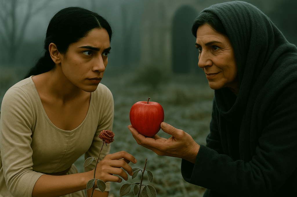 A24-style cinematic horizontal film still, atmospheric and photorealistic.
The scene takes place at dawn in a frost-killed courtyard garden. Fog drifts softly in the background, muting the morning light into cool desaturated tones of blue-grey and dull green.

Snow White — exact model specifications

Young woman in her early 20s

Olive-toned skin

Long black hair in a single braid

Natural, expressive features

Deep-set dark eyes, straight brows

Angular, slightly tense facial structure

Wearing a simple cream linen dress with fitted sleeves

Muted reddish-brown sash at the waist

Kneeling beside brittle, frost-covered rose bushes

Expression: wary, skeptical, guarded

Brows tightened, lips set

Body leaning slightly forward, held in quiet tension

Direct eye contact with the Caretaker

The Caretaker — inspired by Shohreh Aghdashloo (but not identical)

Older woman with elegant bone structure

Soft, lined face; warm undertones

Deep, steady, unnervingly still eyes

Dark hair streaked with grey, partially hidden under a charcoal wool hood

Clothing humble, rural, but subtly too well-tailored for a common villager

Holding a perfectly bright red apple in both hands, extending it toward Snow White

Expression: gentle half-smile, but too controlled — kindness masking a secret

Maintains firm, unbroken eye contact with Snow White

The Apple

Unnaturally vivid red against the cold palette

Perfect surface, no blemishes

Visually tempting — symbolic lure

Centered between them in the composition

Environment & Cinematic Mood

Frost-killed plants and dead rose bushes in foreground

Misty, blurred stone arches and leafless trees in the background

Soft, diffused morning light

Colors slightly desaturated for an A24 fairytale-horror aesthetic

Subtle cinematic grain

Atmosphere: quiet dread, tension beneath stillness

Composition

Horizontal aspect

Close to medium framing, capturing both women’s upper bodies and faces

The apple positioned clearly between them

Both characters locked in mutual eye contact, anchoring the emotional tension

Overall Tone

A grounded, eerie, dark fairytale moment where suspicion, temptation, and hidden intent meet — Snow White wary, the Caretaker too serene, the apple impossibly red.