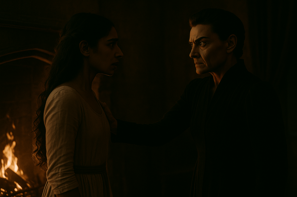 A horizontal, cinematic shot inside a dim medieval bedchamber lit only by a low fire in the stone hearth. A young woman with medium-warm skin, natural Middle Eastern features, and long dark hair in loose waves stands in the left foreground, wearing a simple cream medieval dress with a muted red sash. She looks terrified, frozen in place, her profile illuminated softly by the fire’s glow. Opposite her, standing close and revealed in full, is the Queen — an older, stern, sharp-boned woman with pale skin, severe features, and dark hair tightly pulled back. She wears a high-collared black gown, her expression intense, predatory, and controlled. One of her hands grips Snow White’s upper arm: not violently, but with absolute authority.
The firelight flickers across their faces, creating warm highlights on Snow White and harsh angular shadows on the Queen, signaling the collapse of the illusion. The chamber behind them falls into deep shadow. The mood is intimate, oppressive, and psychologically charged, capturing the exact moment the illusion dissolves and the Queen’s true form emerges. Realistic textures, naturalistic lighting, minimal color palette of blacks, embers, and warm skin tones. The style resembles an A24 dark-fantasy film still — grounded, moody, restrained, with subtle horror and emotional tension.