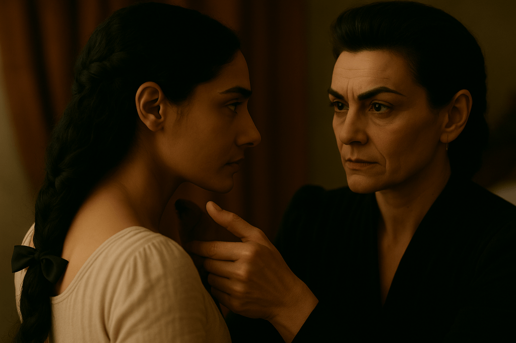 A cinematic, horizontal A24-style still frame inside the Queen’s private chamber in a dark fairytale world. Morning light filters softly through a high stone window, illuminating dust in the air. The atmosphere is warm, oppressive, and intimate. Snow White stands in the left foreground, shown in three-quarter profile: a young woman with light olive skin, long dark hair braided down her back, wearing a simple cream dress with a red sash. Her posture is tense but controlled, chin slightly raised.

The Queen stands close to her, positioned slightly to the right, facing Snow White. She is the established canonical version: an older, severe woman with pale skin, deep-set eyes, sharply arched brows, and tightly swept-back dark hair. She wears a plain black high-collared gown with no crown. Her expression is intense, unreadable, almost predatory.

The Queen’s hand is raised with elegant, natural posture. Her fingertips graze just beneath Snow White’s jawline—barely touching—conveying ambiguous intimacy, dominance, and inspection. Snow White does not flinch, only breathes shallowly, eyes lowered or averted.

The composition emphasizes the emotional tension: very shallow depth of field, warm golden light sculpting both faces, soft velvet drapes blurred in the background. The image must preserve continuity with the previously established canonical designs for both characters. The gesture must feel subtle, confident, and charged, capturing the female gaze and the uneasy intimacy between the two.

A mood of dangerous tenderness. No crown, no exaggerated gestures. Only a quiet, restrained moment with a razor-thin emotional edge.