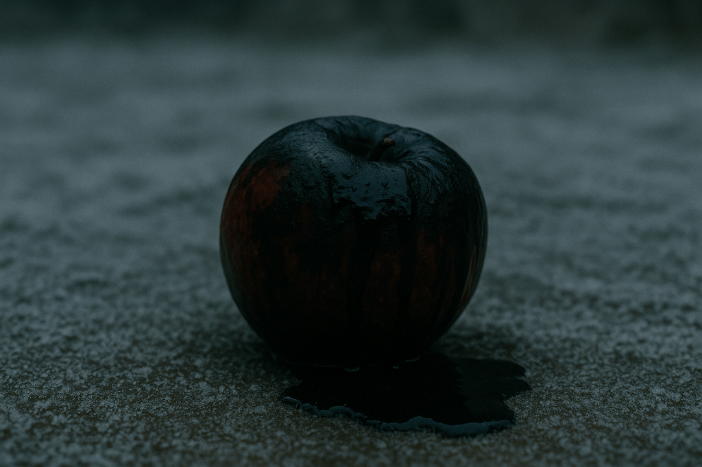 A24-style cinematic still, horizontal composition.
A close-up shot of a rotting red apple lying alone on the frost-covered ground of an abandoned courtyard. No hands, no people — only the apple.

The apple is partially collapsed and darkened, with deep black patches spreading across its skin. Thick, viscous tar-like liquid oozes out from its ruptured surface, dripping downward and pooling beneath it. The tar has a realistic wet gloss, forming a thick, irregular shape as it slowly spreads across the icy ground.

The frost texture is detailed and granular, covering the earth in a pale, desaturated layer. Tiny crystals catch the soft morning light. The ground gently slopes out of focus as the camera holds a shallow depth of field.

Lighting is natural early-morning fog light: cool, muted, diffuse, and softly desaturated. Background is blurred and minimal — vague shapes of dead grass or courtyard structures barely visible through the fog.

No stylization, no fantasy glow.
Fully photorealistic, cold, quiet, and atmospheric.

Mood: the stain the apple left, watching it sink into the snow — quiet dread, magical corruption, and unsettling stillness.