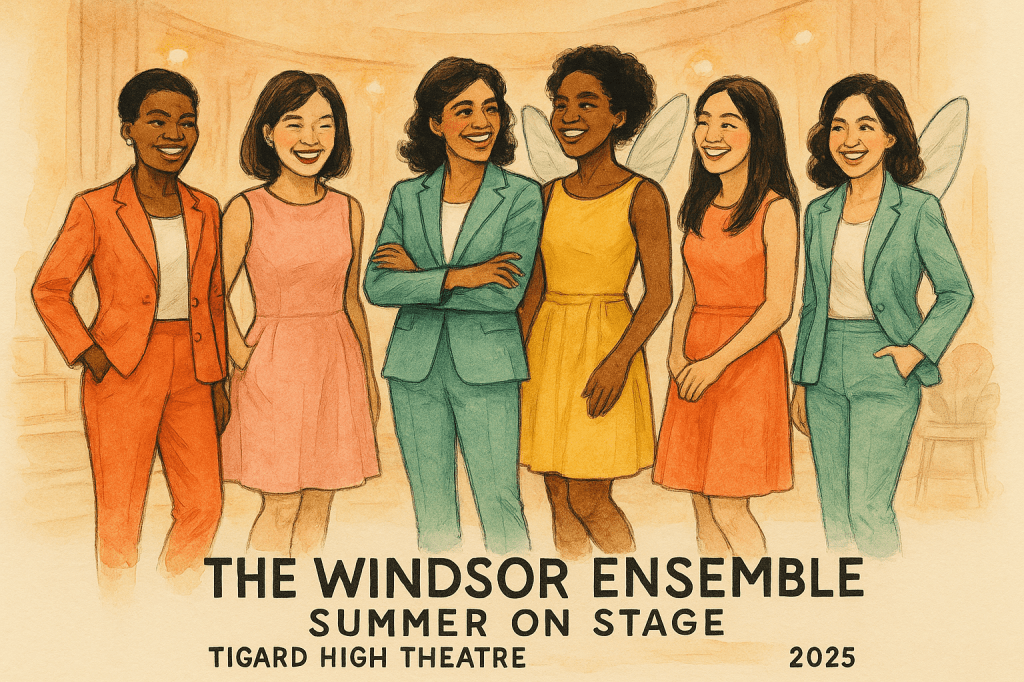 Sketchbook-fashion watercolor illustration, HORIZONTAL 16:9 — warm cream paper with soft gouache texture and expressive ink lines.

A diverse group of six women performers — representing Black, Latina, East Asian, South Asian, white, and mixed-heritage backgrounds — stand together under amber stage lights, embodying playful confidence and theatrical grace.

Three women wear 1960s-inspired summer suits: lightweight blazers, cropped trousers or skirts, and open collars in coral, seafoam, and lemon yellow.
Three others wear mod-era summer dresses: sleeveless or belted A-line silhouettes in pastel pink, turquoise, and tangerine tones.
Two of them — the Fairy Queen and Rugby — wear delicate translucent fairy wings, blending realism and fantasy with elegant subtlety.

The stage background is softly abstract — pastel curtains, retro stairs, and glowing spotlights painted in warm watercolor washes. The composition feels inclusive, radiant, and full of camaraderie — like a 1960s Vogue theatre spread capturing women’s creativity onstage.

Style: expressive watercolor and ink, fashion-illustrative energy; fluid linework, bold color splashes, and visible paper grain throughout.

Text on image (corrected):
“The Windsor Ensemble — Summer on Stage — Tigard High Theatre, 2025.”

Mood: celebration of artistry, individuality, and feminine camaraderie — warm, theatrical, and fashionably mid-century.