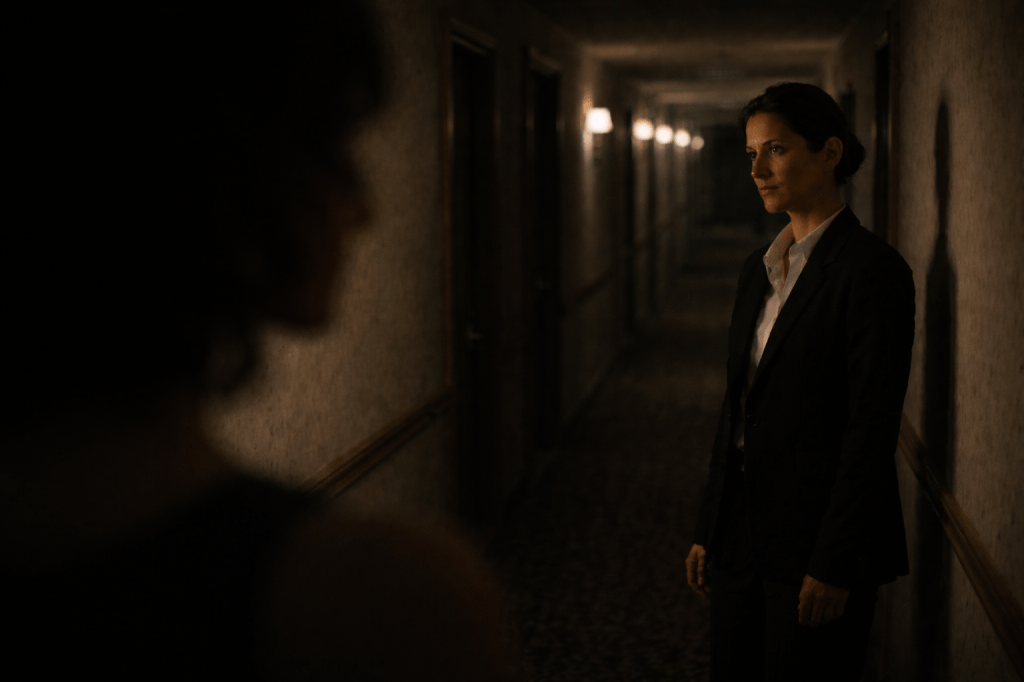 LUMIVORE V1 — PLATE 04 (FINAL LOCK)
The Corridor Encounter
(Lucia waiting; Alessia unrecognized)
CANON INTENT
Depict the dreamlike moment where Alessia approaches Lucia in the hotel corridor, but Lucia does not recognize her — already oriented toward someone else unseen. The image must convey emotional displacement, quiet inevitability, and restrained distance. Alessia is present only as sensation, not identity.
PROMPT
Cinematic horizontal photograph set inside a long, elegant historic hotel corridor at night. Warm amber wall sconces line both sides, casting soft practical light along polished wood doors and patterned carpet. The corridor recedes deeply into the background, creating a stretched sense of time and space.
Lucia Rinaldi stands mid-corridor beneath one of the lamps, positioned slightly off-center. She is a middle-aged Italian woman with refined, realistic features, wearing understated contemporary clothing — a tailored but relaxed blazer over a simple blouse. Her posture is neutral and unposed, shoulders at rest, body neither advancing nor retreating.
Her expression is inward and composed — eyes calm, unfocused, waiting without urgency. She is not alert, not searching, not anticipating confrontation. She appears present but emotionally elsewhere, oriented toward someone unseen beyond the frame.
In the foreground, closer to the camera, a soft, semi-translucent blurred figure suggests Alessia Bruni’s presence. Alessia is not identifiable — no facial features, no sharp silhouette. The blur is gentle and light, more like a reflection or passing sensation than an obstruction. Alessia’s presence should feel felt, not blocking, as if Lucia senses movement without recognition.
No direct eye contact between the figures. No dramatic gestures. No overt symbolism.
The atmosphere is quiet, restrained, and psychologically tense without spectacle.
CINEMATOGRAPHY LOCK
Lens: 35mm
Framing: Horizontal, medium-wide with strong corridor depth
Lighting: Warm practical sconces only; no stylized or editorial lighting
Color Palette: Amber, warm brown, stone, muted gold
Focus: Lucia sharp; Alessia soft, semi-translucent foreground blur
Texture: Subtle film grain, naturalistic realism
Tone: A24-style restraint, dreamlike but grounded, archival realism
NEGATIVE CONSTRAINTS (STRICT)
No fashion-editorial posing
No dramatic or confrontational body language
No sharp silhouette for Alessia
No exaggerated surreal effects
No overt sadness or fear on Lucia’s face
No high-contrast or cinematic spotlighting