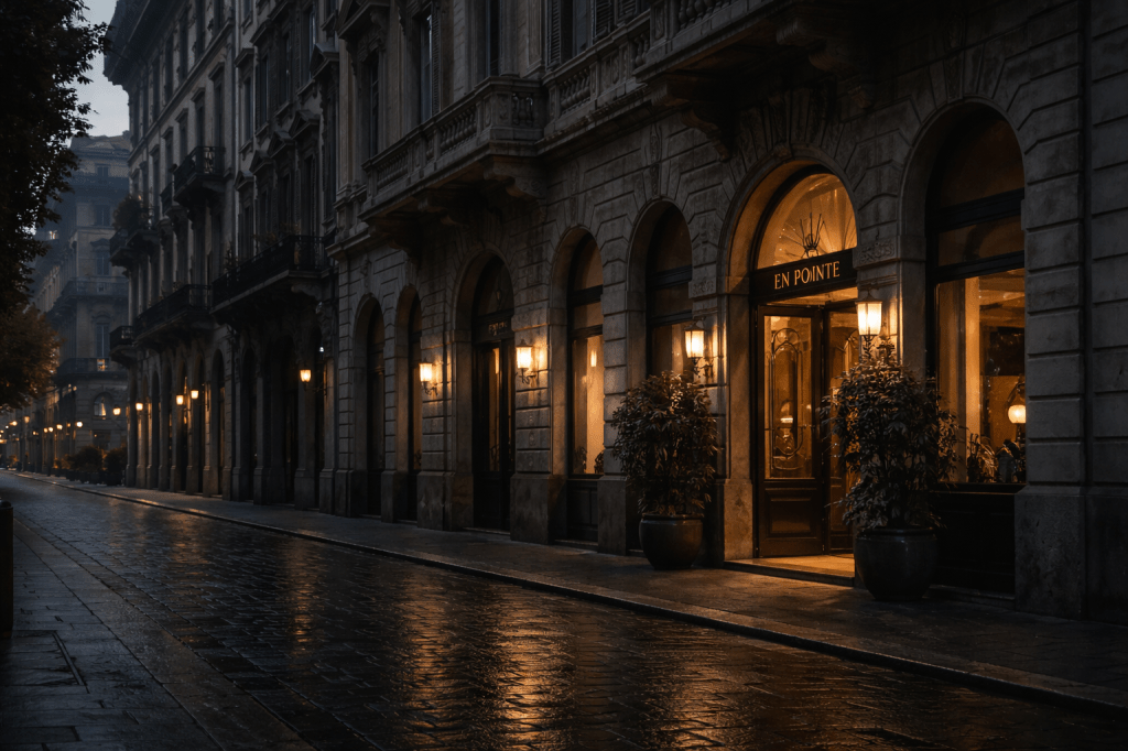 LUMIVORE V1 — PLATE 01
Milan at Dusk — En Pointe Hotel
Canon Intent
Establish emotional temperature, place, and tone before characters appear.
The city should feel paused, observant, and quietly expectant.
🔒 Final Prompt (Document This)
Prompt:
Cinematic wide-angle photograph of Milan at dusk near an elegant historic hotel entrance. Classical Italian stone architecture with arched windows and restrained ornamentation. Warm amber streetlights glow softly against cool slate-gray stone. Damp pavement reflects light subtly, suggesting recent rain. No visible people. No vehicles in motion.
The atmosphere is quiet, still, and contemplative — a city holding its breath rather than sleeping. Lighting is natural dusk with warm practical sources only. Color palette is muted: amber, stone, slate, charcoal. No neon, no signage emphasis.
Shot in understated A24-style realism with subtle film grain and natural contrast. Feels archival rather than promotional. No dramatization, no spectacle. The image should suggest emotional anticipation without narrative explanation.
🎥 Cinematography Lock
Aspect Ratio: Horizontal (cinematic)
Lens: 35mm (natural perspective, human-scale)
Lighting: Natural dusk + warm practical street lighting
Color Palette: Amber, slate, stone, charcoal
Mood Keywords: stillness, anticipation, restraint, quiet tension
Style Reference: A24 realism, archival European cinema, observational tone
🚫 Explicit Exclusions (Important)
No people
No text overlays
No dramatic fog
No stylized color grading
No luxury-brand gloss
No exaggerated reflections
No romanticized postcard framing