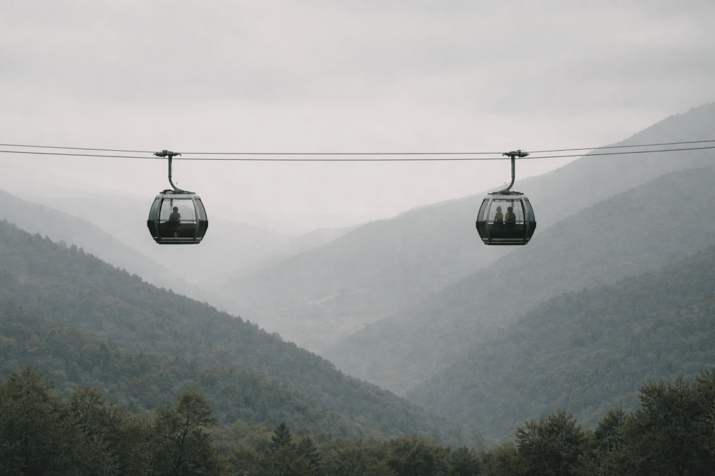 HORIZONTAL CINEMATIC IMAGE — 16:9 — AUSTERE OBSERVATIONAL REALISM

A quiet, photorealistic wide shot of two cable cars suspended on a mountain cableway, moving in opposite directions.

Each gondola contains exactly one woman, seated neutrally inside the cabin.
The women are visible only as small, indistinct figures through slightly weathered glass.
They are not posed, not expressive, not centered.
They are facing forward or slightly off-axis — not toward the camera and not toward each other.

The distance between the gondolas is emphasized.
The moment is mid-crossing, not arrival or departure.

The gondolas show subtle signs of use: lightly dulled paint, faint wear on metal edges, glass softened by time rather than dirt.
No dramatic aging.

The surrounding landscape is expansive and subdued: muted greens and greys, soft mountain contours, no dramatic peaks.
Overcast daylight or diffused morning light.
Neutral color balance.
Low contrast.
No heightened saturation.

Camera positioned at a respectful distance, eye-level or slightly elevated.
Natural perspective (35–50mm equivalent).
Observational framing.
Stillness over drama.

The image conveys repetition, rhythm, and quiet mutual awareness without intimacy, symbolism, or narrative emphasis.
This image exists as presence, not illustration.

NEGATIVE PROMPT / EXCLUSIONS

No close-ups
No standing figures
No gestures
No eye contact
No smiles or overt emotion
No empty gondolas
No shared gondola
No warm or romantic lighting
No dramatic weather
No heightened contrast or saturation
No epic or postcard scenery
No symbolism or visual allegory
No metaphor objects (birds, flowers, reflections, etc.)
No stylization or painterly effects
No promotional or film-still look
No cinematic color grading
No narrative climax
No text, titles, or symbols