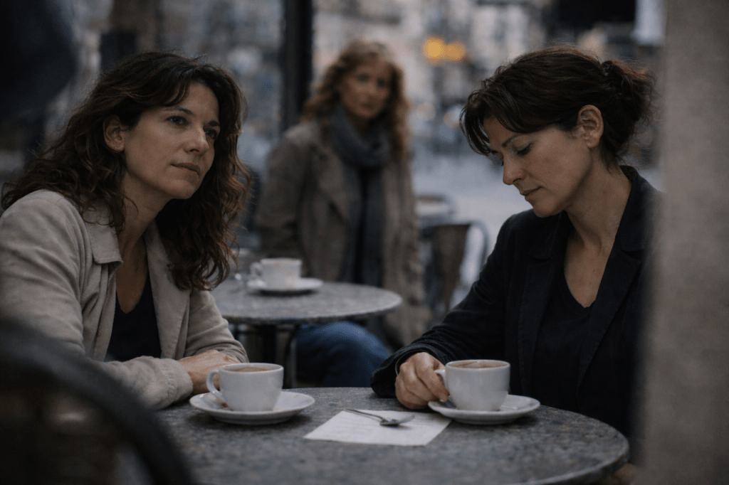 LUMIVORE V1 — PLATE 06 (FINAL LOCK)
Café Encounter — Odelle Appears
PROMPT
Cinematic horizontal photograph set at an outdoor Milan café in mid-morning. Natural daylight illuminates stone pavement, a small round café table, ceramic cups, and muted street details. The environment feels lived-in and unperformed — quiet, observational, restrained.
Foreground — Alessia Bruni:
Italian woman in her early 40s with olive-toned skin and natural facial texture. Fine lines visible. Understated beauty. Dark brown hair worn loose with a slightly imperfect natural wave. Minimal makeup. Expressive eyes.
Alessia is seated at the café table, body angled slightly away from Lucia. Her gaze drifts past Lucia, toward something just outside the frame. Her expression conveys quiet alertness and restrained vulnerability — the feeling of being noticed before understanding why. She is emotionally present, attentive, and waiting.
Midground — Lucia Rinaldi:
Italian woman in her early 40s with sharper, more structured facial features than Alessia. Hair pulled back neatly. Wearing tailored clothing (dark blazer or structured blouse).
Lucia is seated beside or across from Alessia. She looks downward at her coffee cup or phone. There is no eye contact with Alessia. Her posture is composed and self-contained. She is emotionally disengaged — present physically but elsewhere psychologically. No defensiveness, no tension, just inward focus.
Background / Peripheral — Odelle:
Italian woman in her late 50s to early 60s with a weathered but elegant, lived-in face. Gray-streaked or salt-and-pepper hair. Wearing a long coat or scarf in understated European style.
Odelle appears only at the extreme edge of the frame or partially obscured by café elements (chair back, table edge, or a passing figure). She is slightly out of focus with subtle motion blur, mid-movement — turning or passing behind Alessia. Her presence is fleeting and accidental.
Her gaze aligns briefly and only with Alessia, not Lucia. She is not observing or engaging — she is recognizing. Her face is softened by motion and shallow depth of field so she reads first as movement, only secondarily as recognition. She is never centered, never fully visible, and never visually dominant.
CINEMATOGRAPHY
Aspect Ratio: Horizontal cinematic
Lens: 50mm
Depth of Field: Shallow (foreground sharp, background soft)
Lighting: Natural daylight, diffused, no harsh contrast
Color Palette: Warm stone, muted neutrals, soft greens and grays
Texture: Subtle film grain, natural skin texture preserved
Style: A24 realism — observational, emotionally restrained, non-theatrical
ABSOLUTE NEGATIVES
No symmetry between Alessia and Lucia
No centered or sharply focused Odelle
No direct interaction between Odelle and Lucia
No dramatic gestures or staged blocking
No visual explanation of Odelle’s role
No editorial stylization or romantic framing
EMOTIONAL TRUTH (FINAL CHECK)
The image must feel like a moment that almost didn’t happen — except it did.
The viewer should sense a shift without being told what it means.