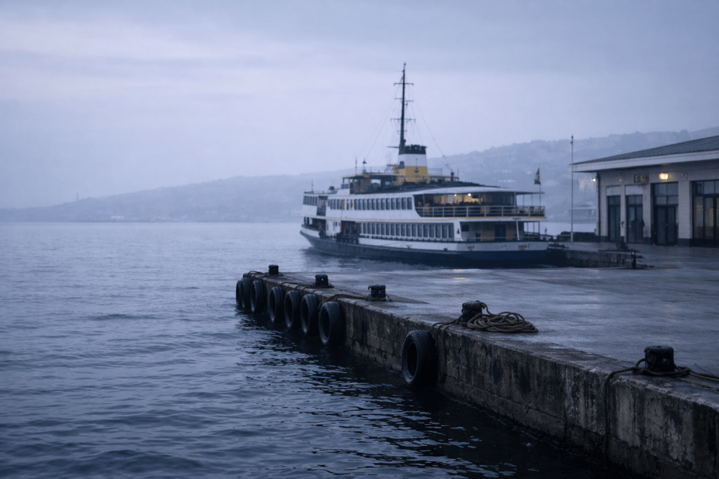 LUMIVORE V1 — ARCHIVAL STILL (FINAL, LOCKED)
“Üsküdar Dock, After the Crossing”

PROMPT (FINAL USED VERSION):

A horizontal, observational photograph set at the Üsküdar ferry dock in Istanbul in early morning, rendered in clean, naturalistic realism.

The foreground is dominated by dock materials: worn concrete edge, rubber bumpers, coiled mooring ropes, and metal fixtures occupying a substantial portion of the lower frame.
Land and structure interrupt the water decisively, asserting contact and material presence.

The ferry is docked and completely still, positioned off-center and partially cropped so that it remains present but secondary.
Ferry details such as windows, railings, and paintwork are slightly softened, avoiding sharp emphasis or visual dominance.

Human presence is minimal to absent.
No upright figures, no visible motion, no readable individuals.
If any traces of people exist, they are distant, obscured, or visually absorbed into the environment, never asserting agency.

The background is compressed and urban, with nearby terminal walls and close shoreline structures limiting depth and eliminating any open horizon.
There are no distant hills, no expansive water views, and no scenic emphasis.

Lighting is cool and restrained, consistent with early morning shortly after dawn.
The light is neutral and undecorated, with no warm tones, no sunrise glow, and no dramatic contrast.

The overall mood is grounded, quiet, and unresolved — arrival without instruction, presence without commentary.

IMAGE DISCIPLINE

Natural color only

Clean digital clarity

No film grain

No analog texture

No cinematic color grading

Slight atmospheric softness on hard edges

Neutral, slightly flat contrast

CAMERA & COMPOSITION

Eye-level viewpoint

Moderate focal length (approximately 35–50mm equivalent)

Foreground-weighted composition

Clear material hierarchy: dock → water → ferry → background

NEGATIVE PROMPT

Avoid identifiable individuals, readable faces, upright walking figures, strong human gestures, sharp ferry window detail, dramatic lighting, warm tones, golden-hour light, scenic horizons, distant hills, open strait views, cinematic framing, stylization, narrative staging, or symbolic emphasis.