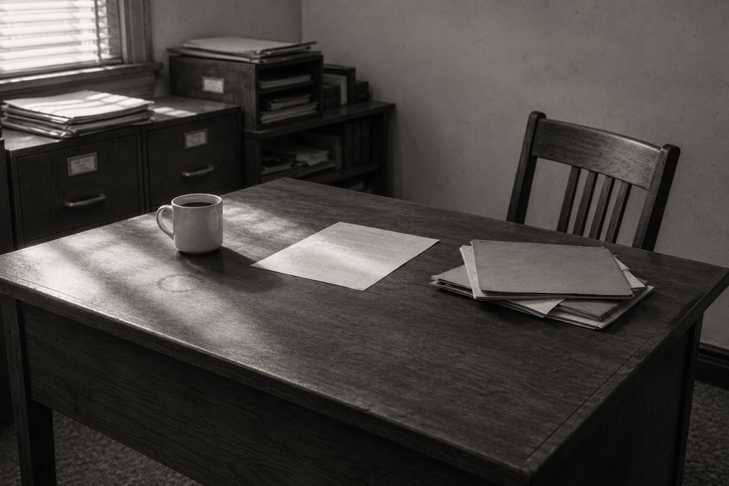 Empty mid-century office desk with a coffee mug, paperwork, filing cabinets, and an unoccupied wooden chair in soft afternoon light.